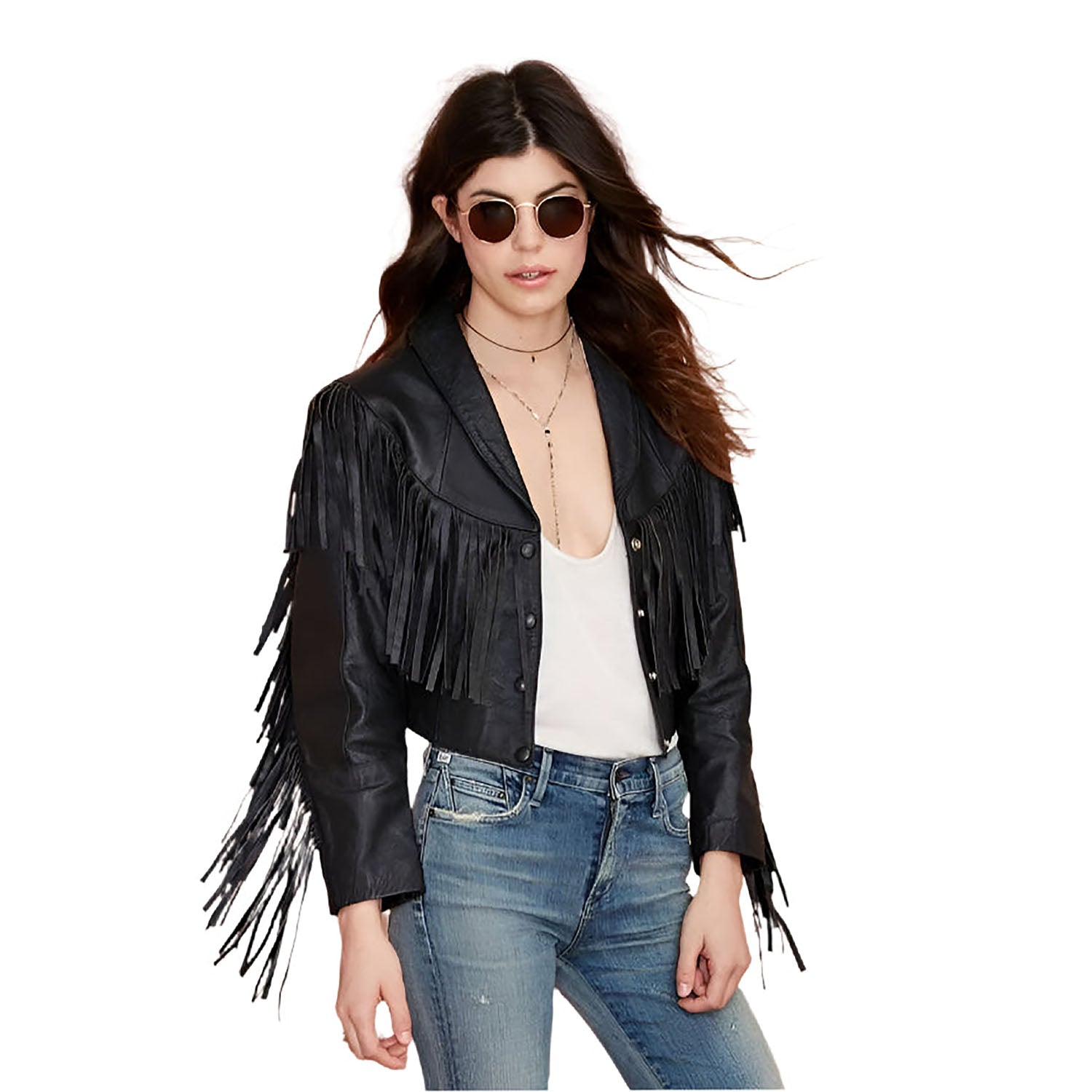 Western Fringe Black Leather Jacket for Women Cowgirl front view