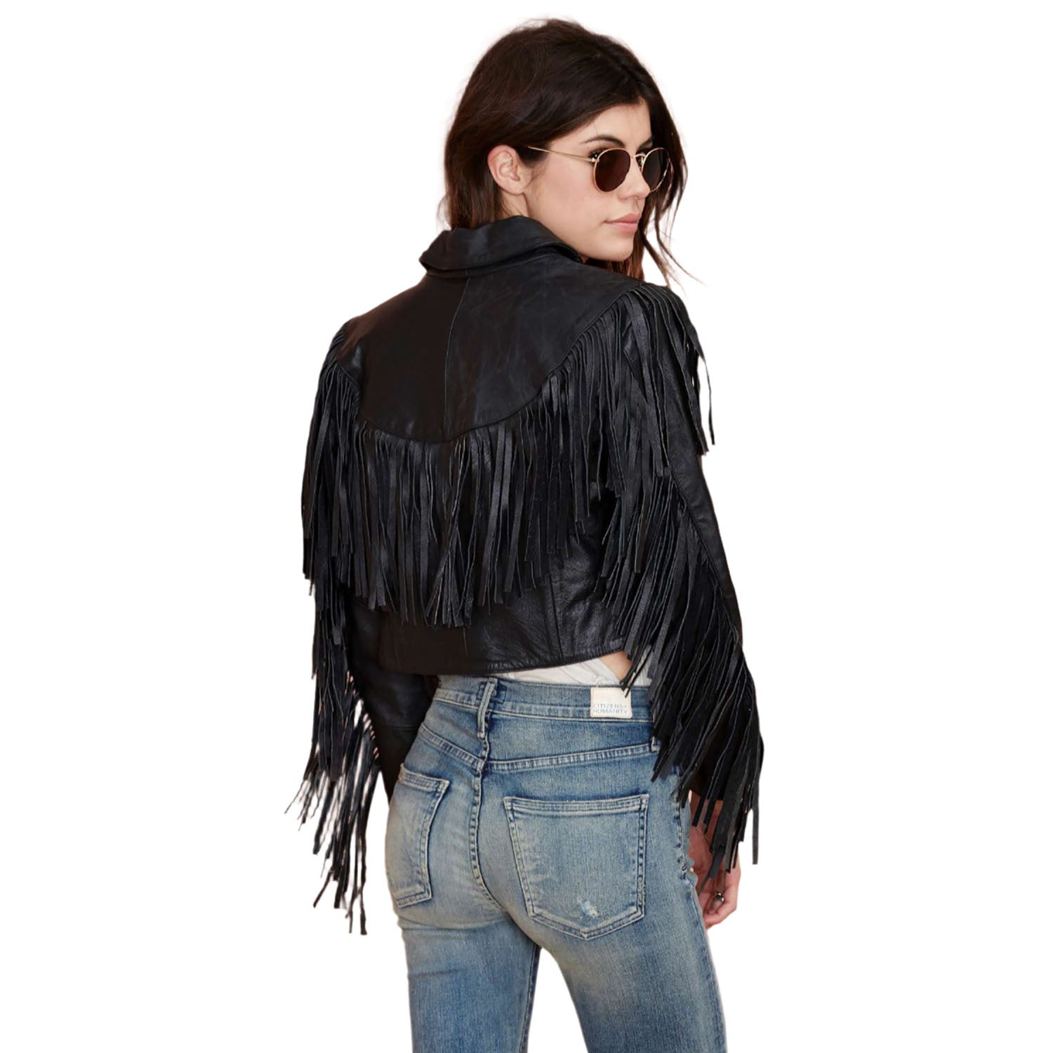Western Fringe Black Leather Jacket for Women Cowgirl side view