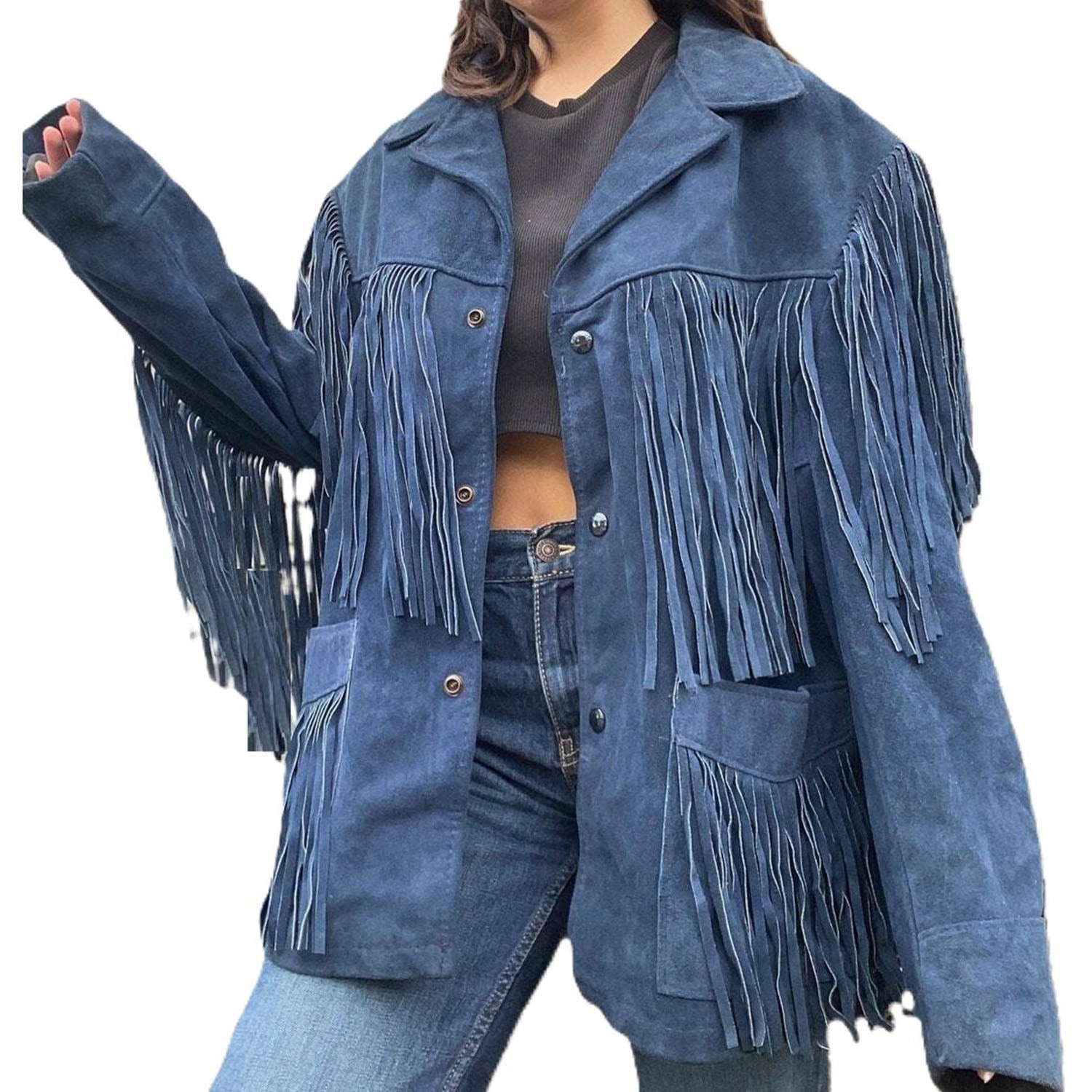 Western Fringe Blue Suede Leather Jacket for Women front view