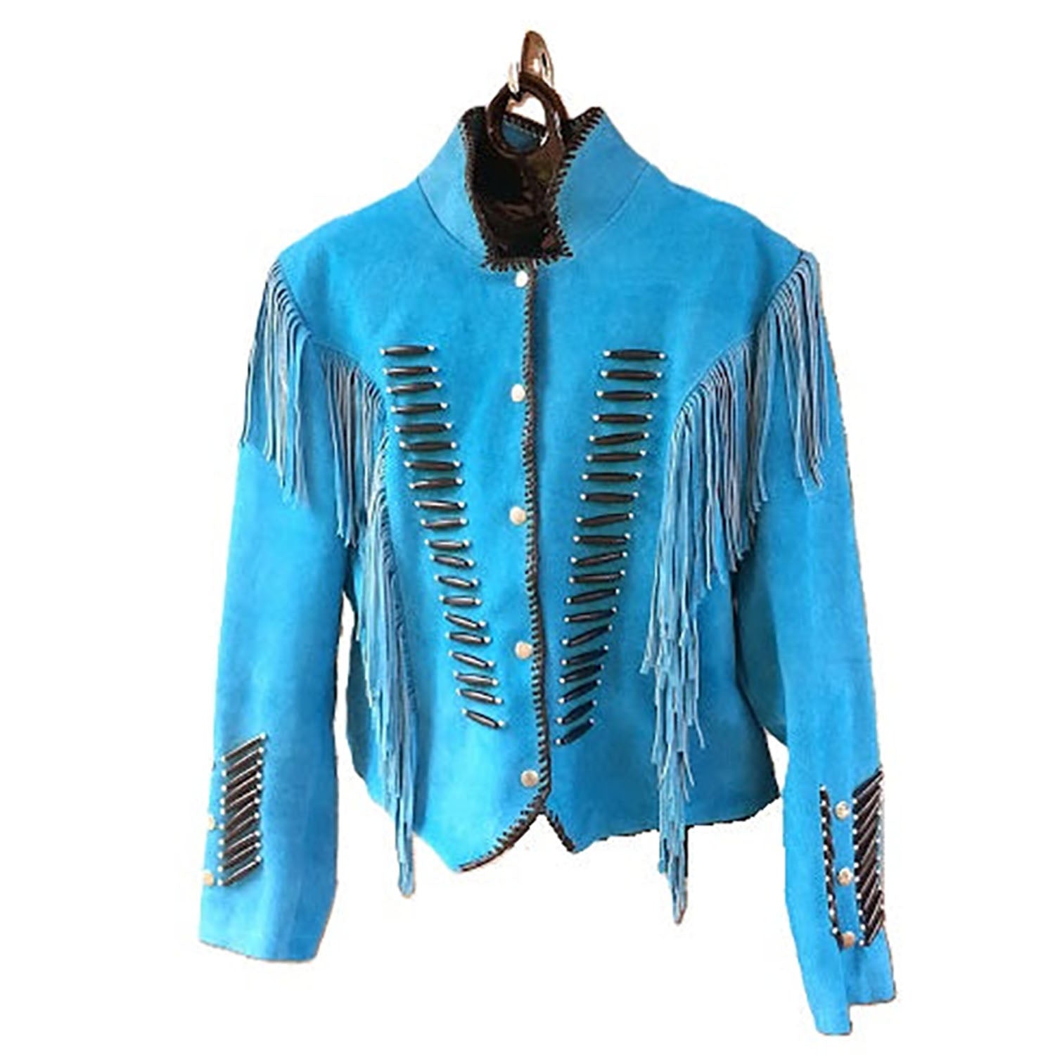 Western Fringe Blue Suede Leather Jacket for Women front view