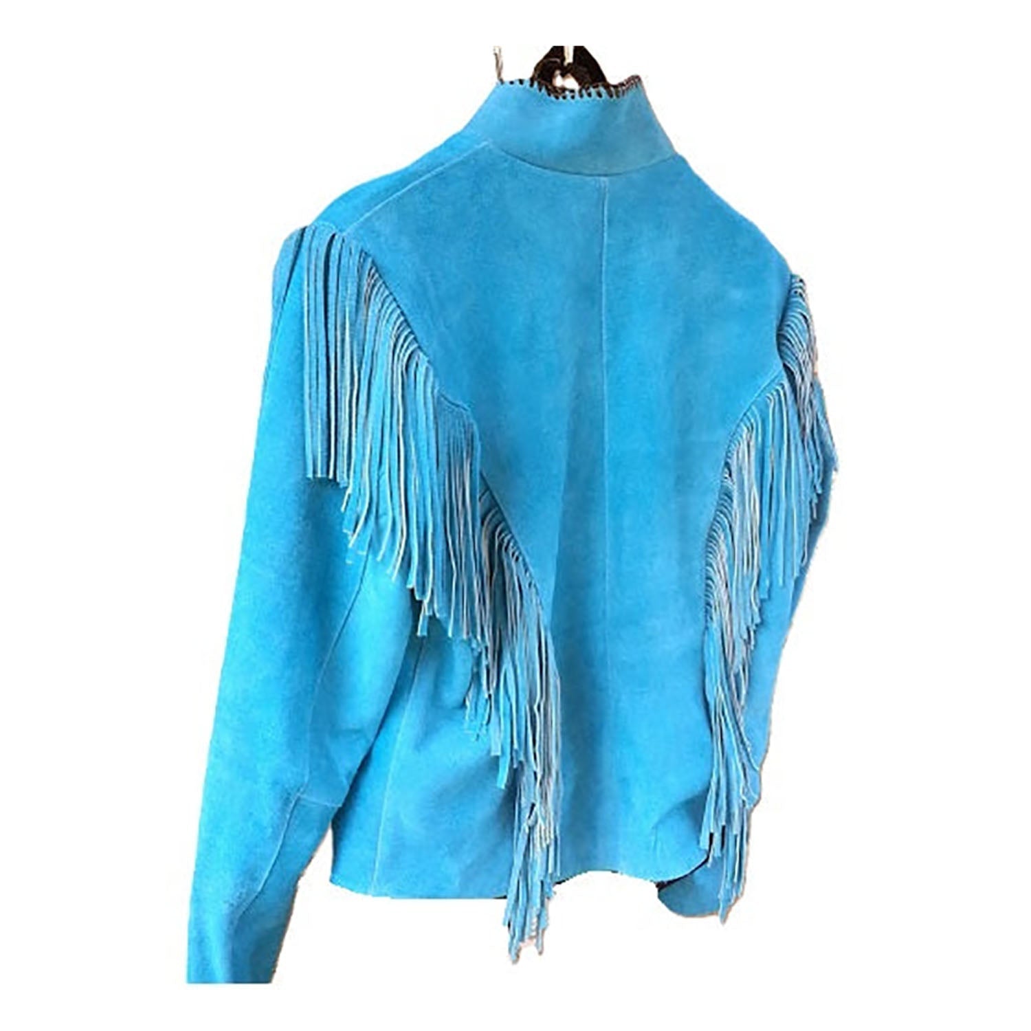 Western Fringe Blue Suede Leather Jacket for Women side view