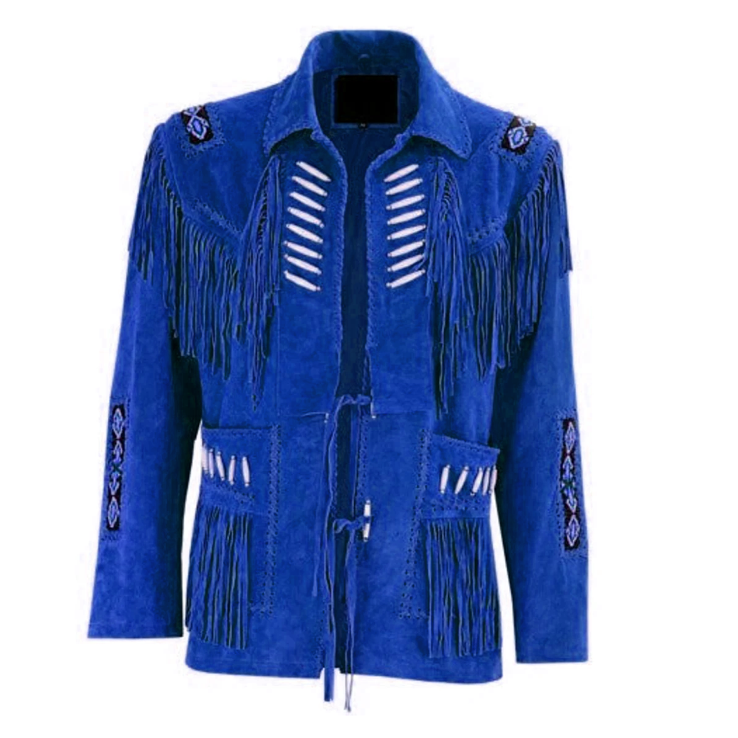 Western Fringe Brown Suede Leather Bone Beaded Jacket for Women front view