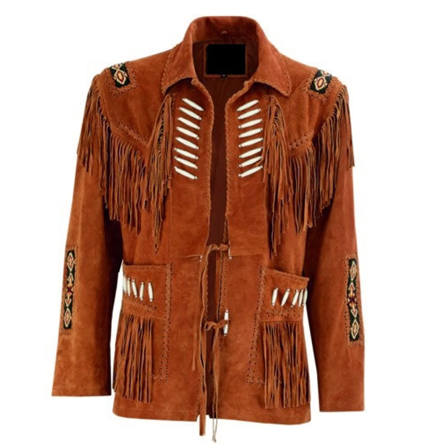 Western Fringe Brown Suede Leather Bone Beaded Jacket for Women back view
