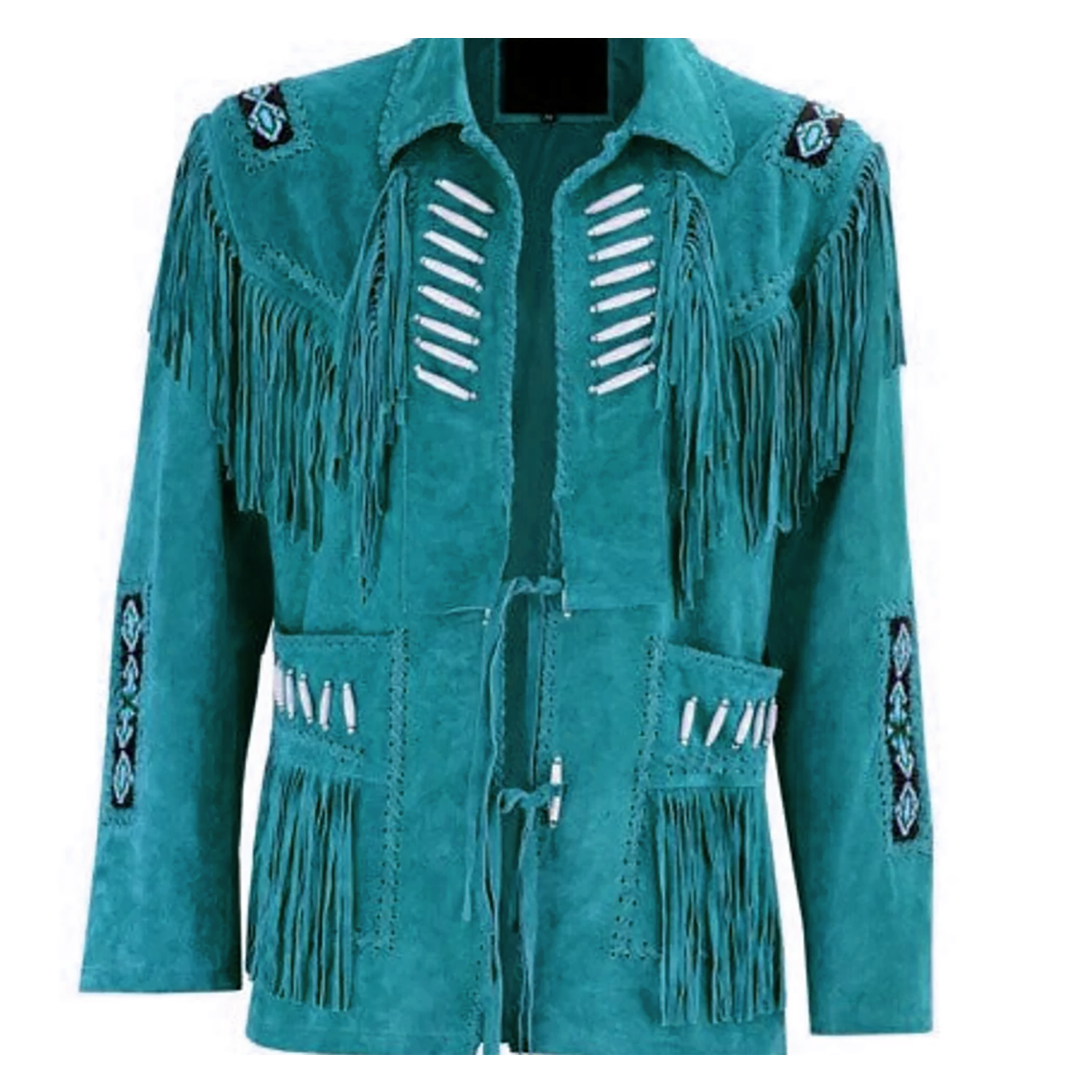 Western Fringe Brown Suede Leather Bone Beaded Jacket for Women close-up detail
