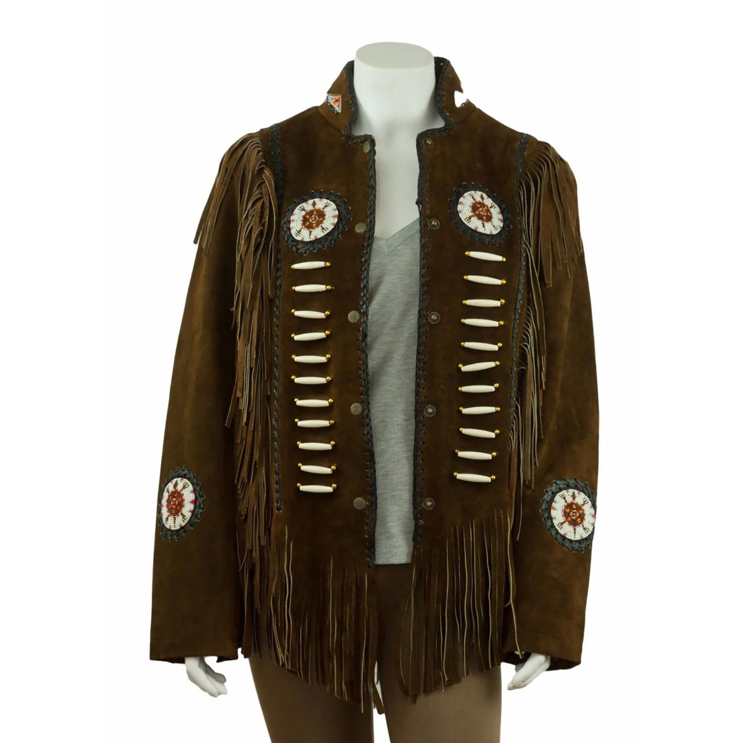 Western Fringe Brown Suede Leather Bone Beaded Jacket for Women front view