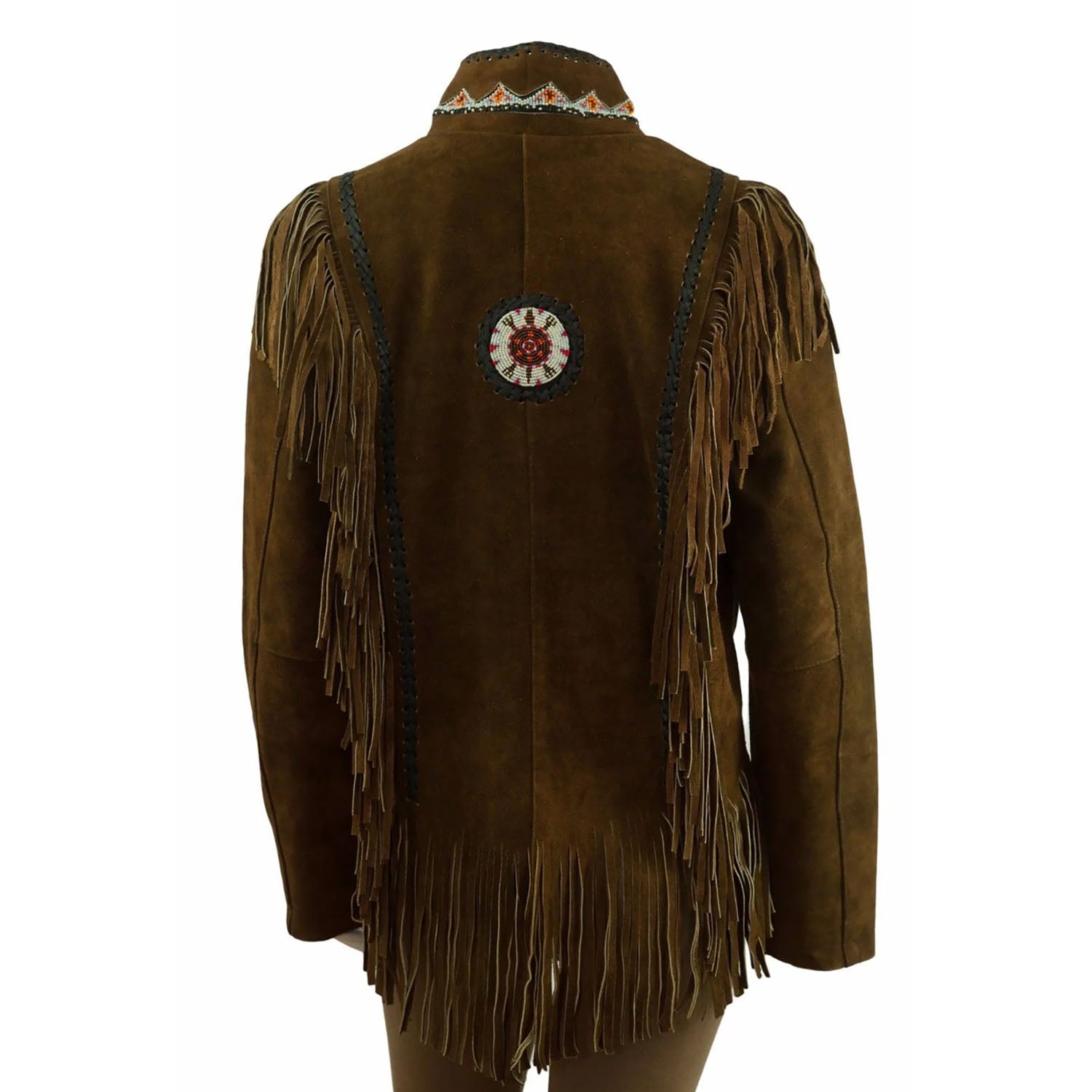 Western Fringe Brown Suede Leather Bone Beaded Jacket for Women side view
