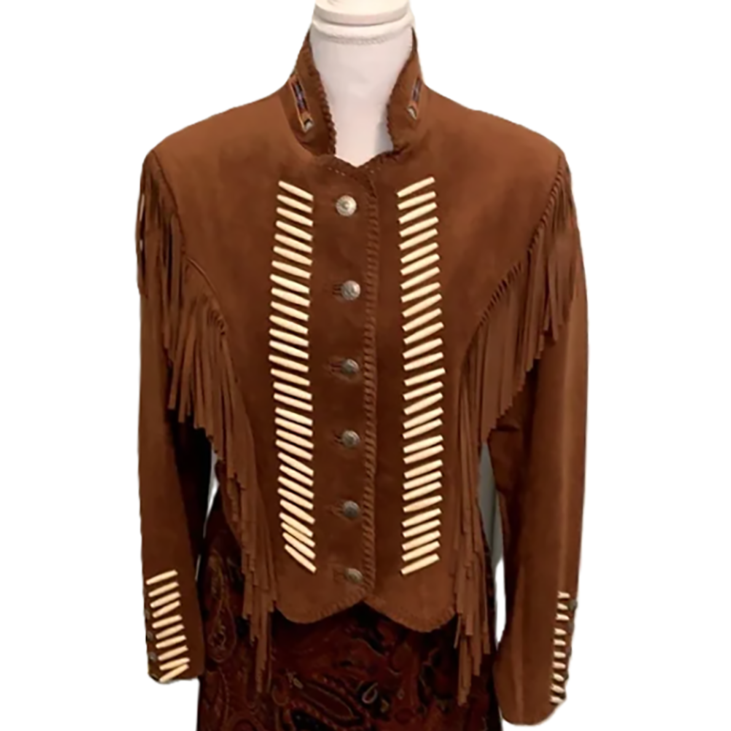 Western Fringe Brown Suede Leather Bone Beaded Jacket for Women front view