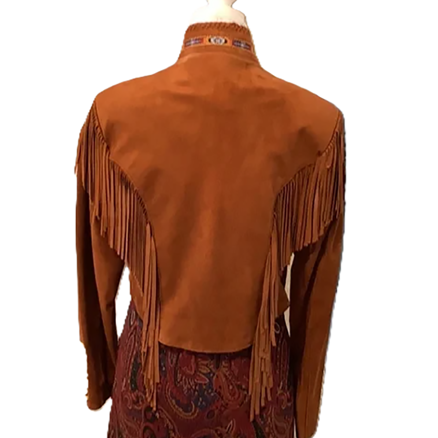 Western Fringe Brown Suede Leather Bone Beaded Jacket for Women back view