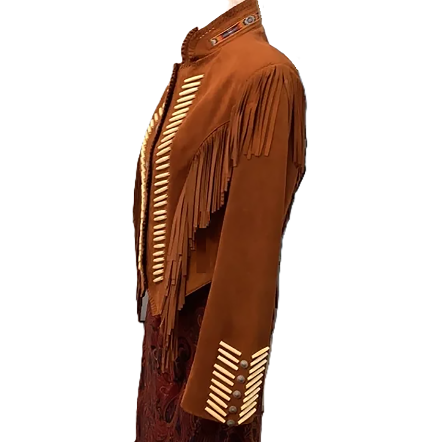 Western Fringe Brown Suede Leather Bone Beaded Jacket for Women side view