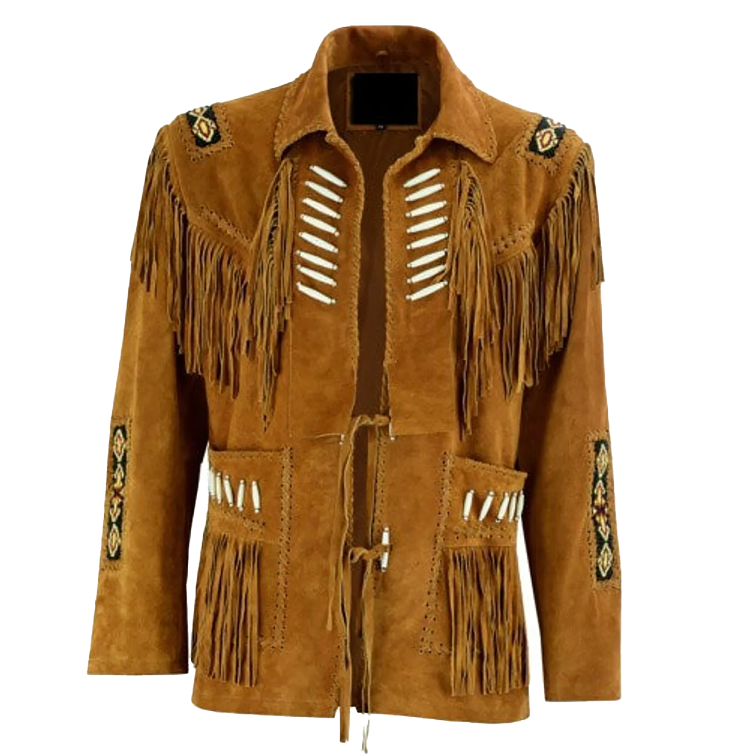 Western Fringe Brown Suede Leather Bone Beaded Jacket for Women front view
