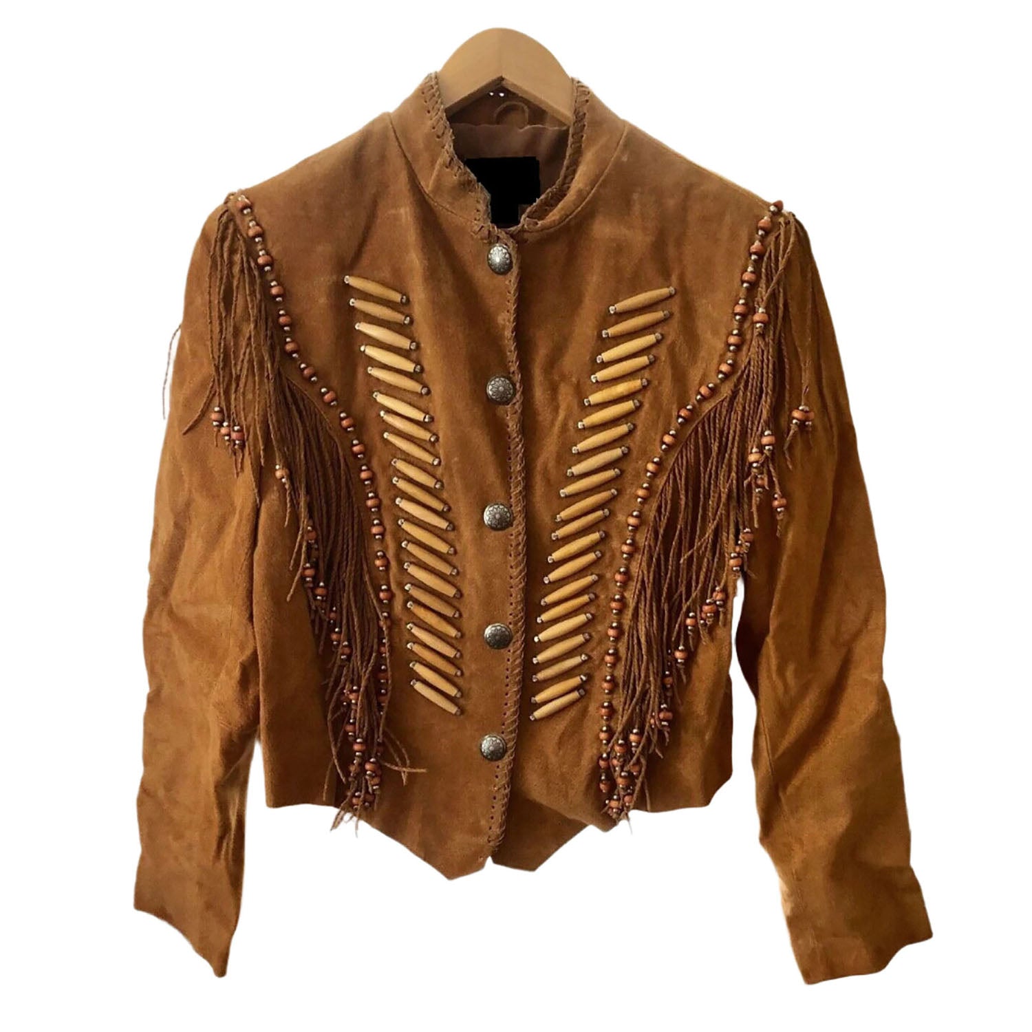 Western Fringe Brown Suede Leather Bone work Jacket for Women front view