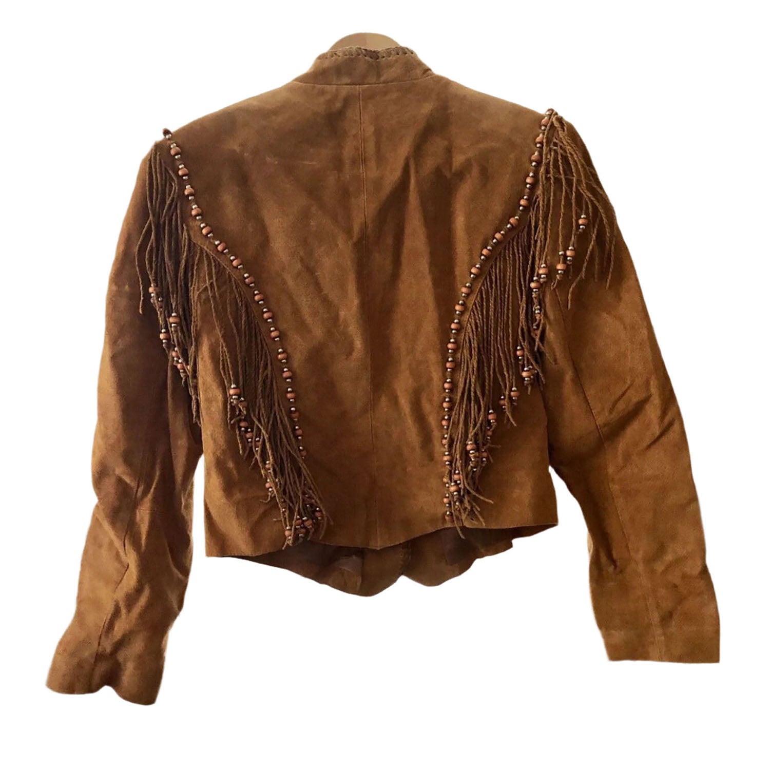 Western Fringe Brown Suede Leather Bone work Jacket for Women side view