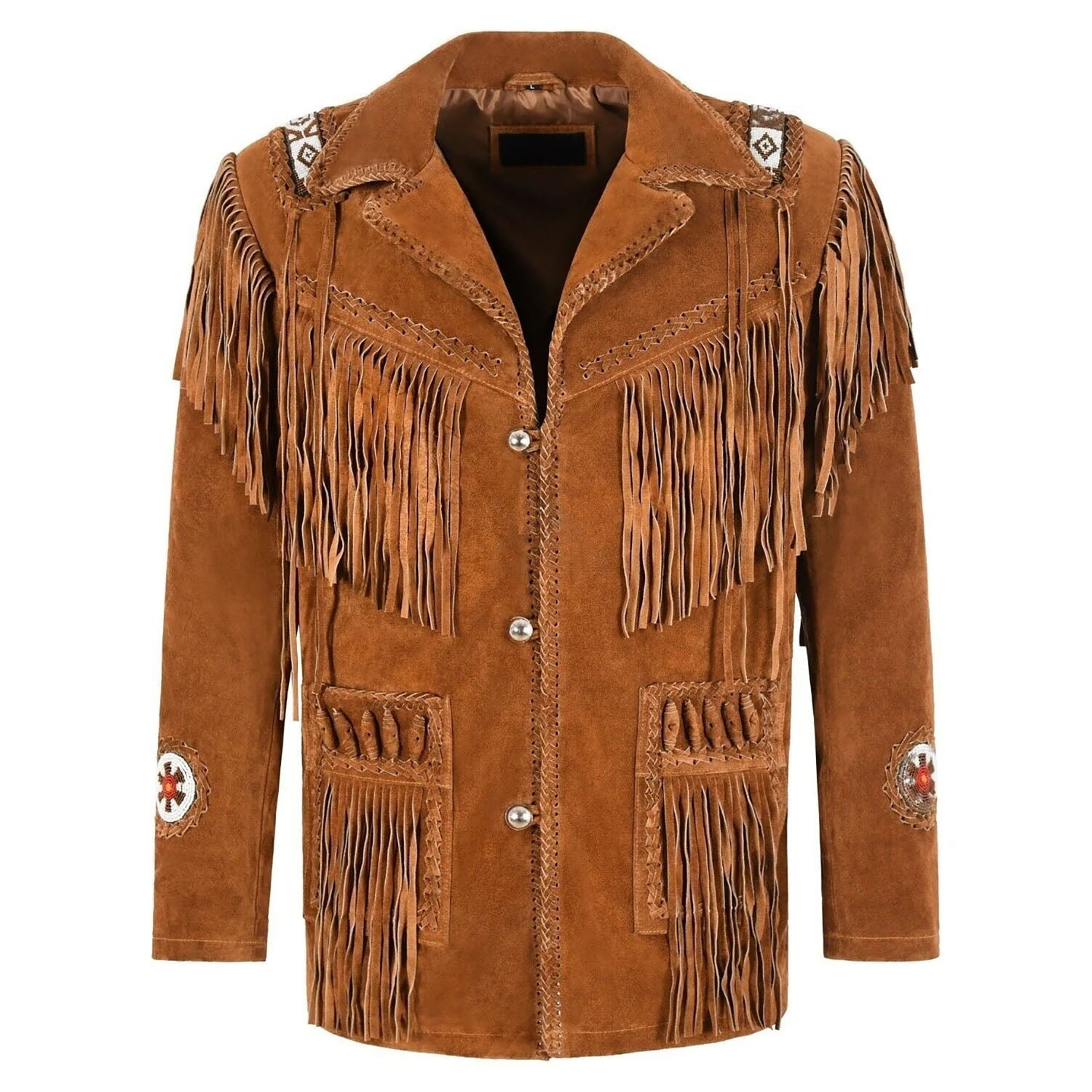 Front view of the brown suede leather fringe jacket for men