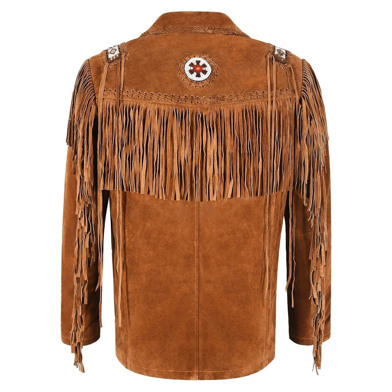 Back view of the brown suede leather fringe jacket for men