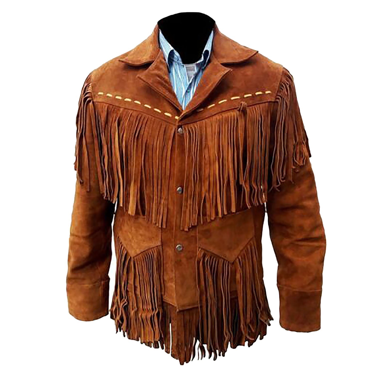 Front view of the brown suede leather fringe jacket for men