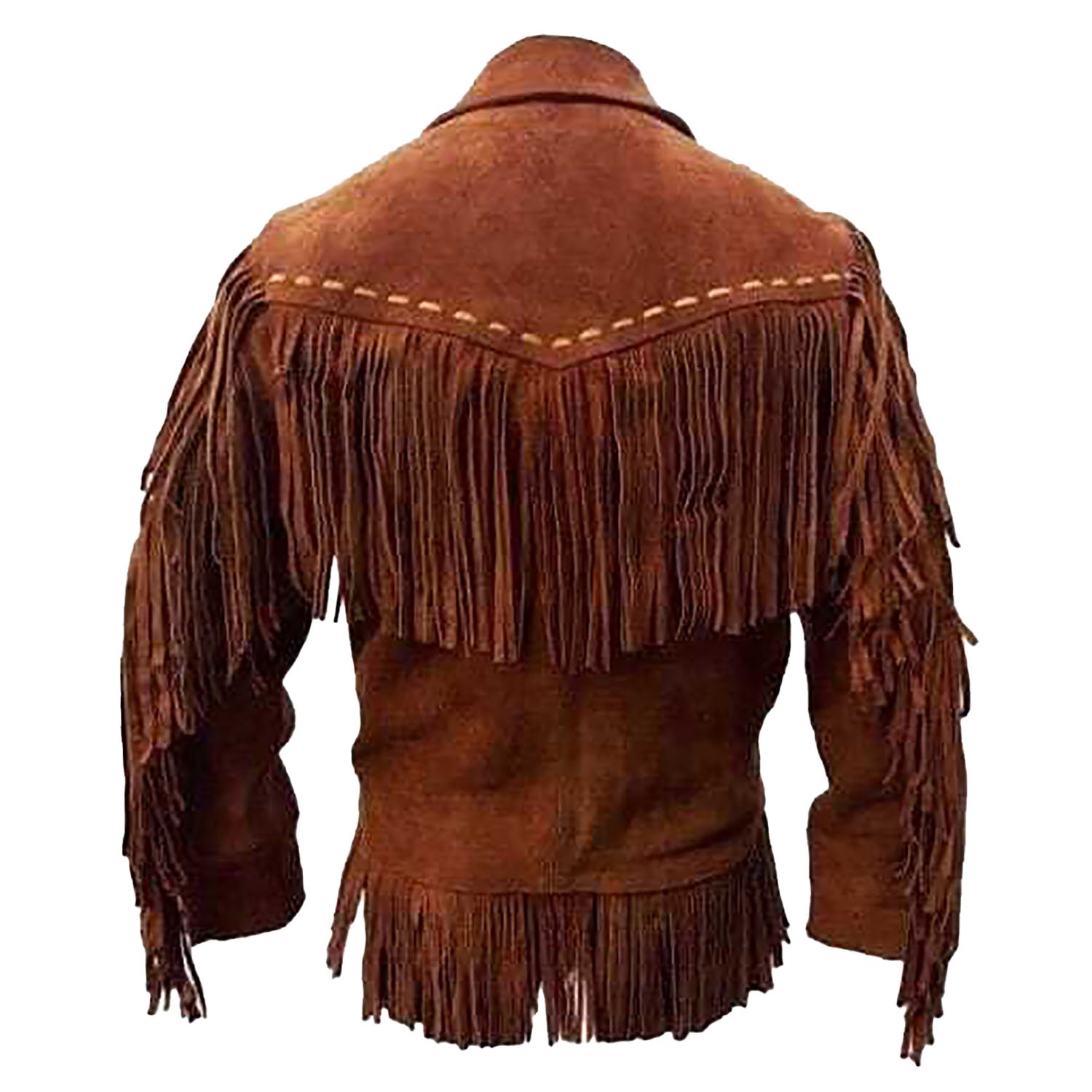 Back view of the brown suede leather fringe jacket for men
