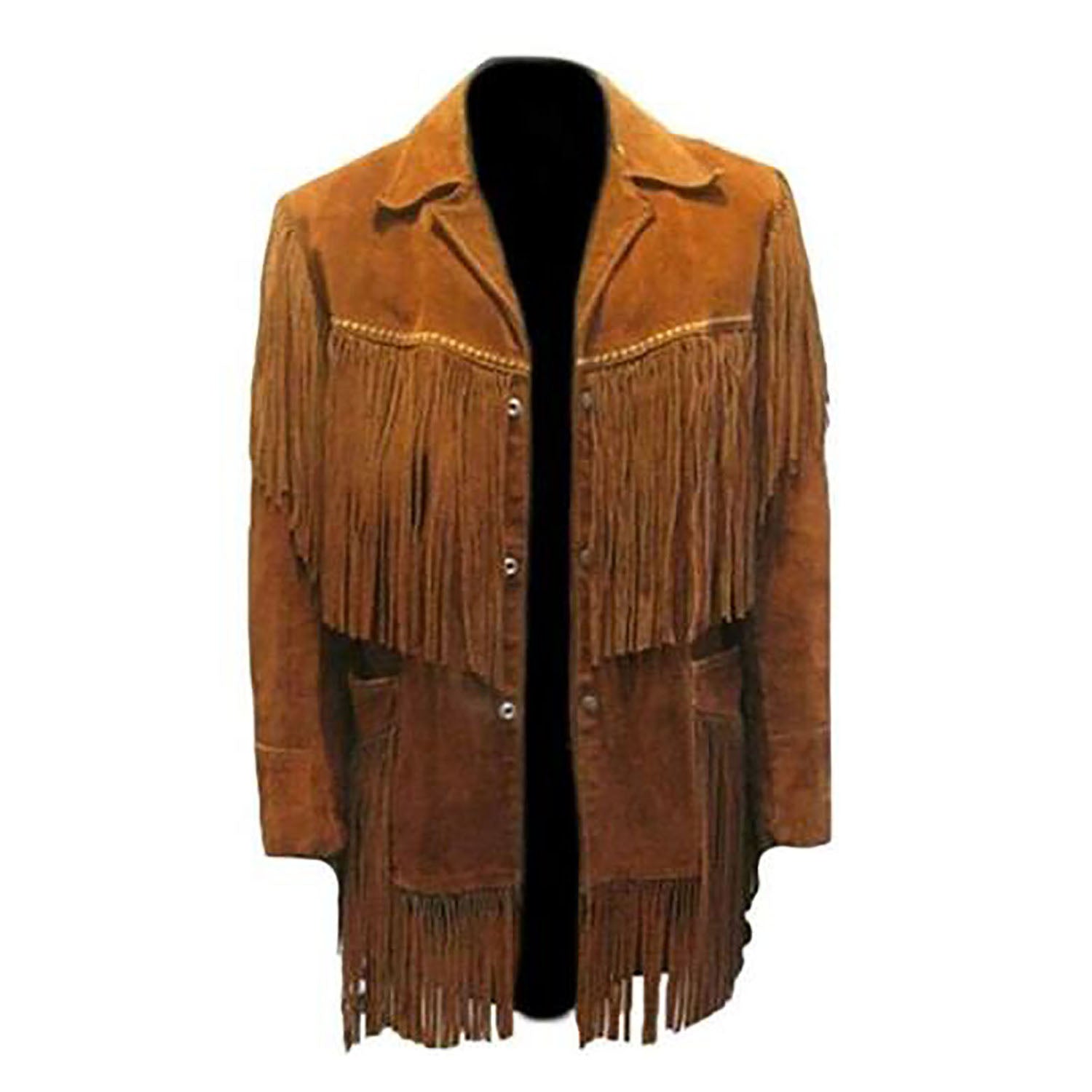 Front view of the brown suede leather fringe jacket for men