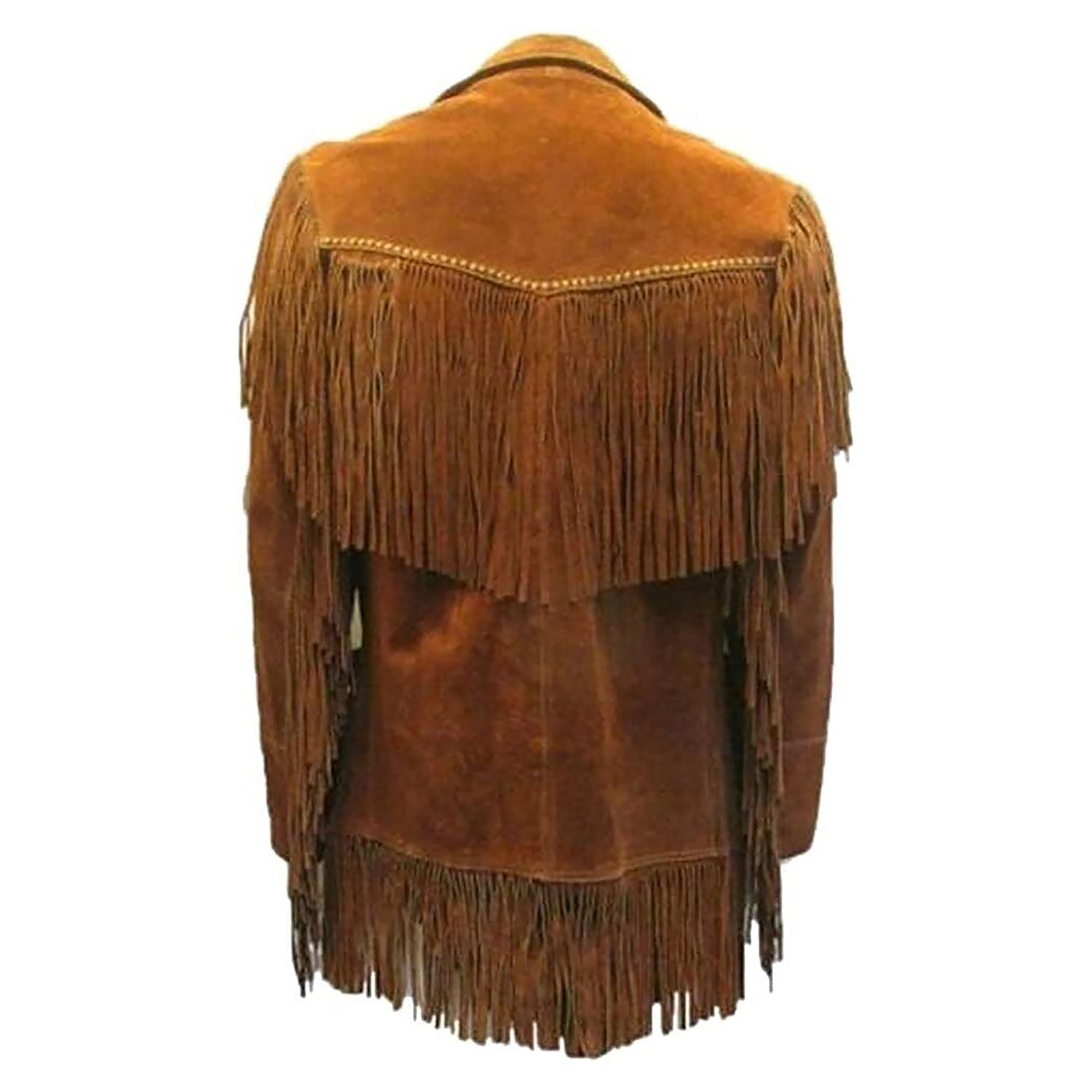 Back view of the brown suede leather fringe jacket for men