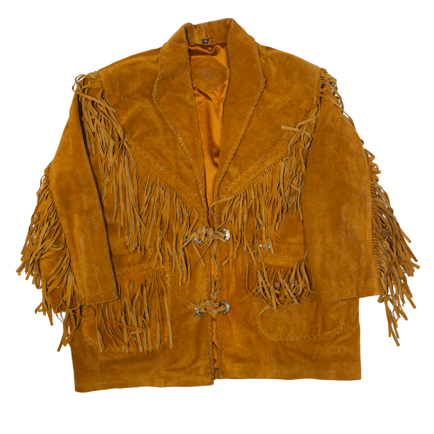 Front view of the brown suede leather fringe jacket for men