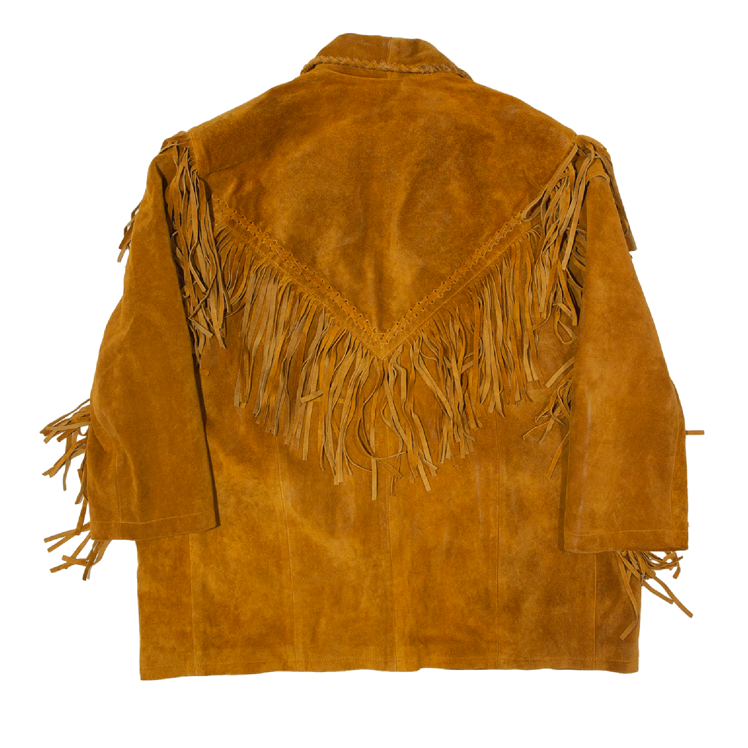 Back view of the brown suede leather fringe jacket for men