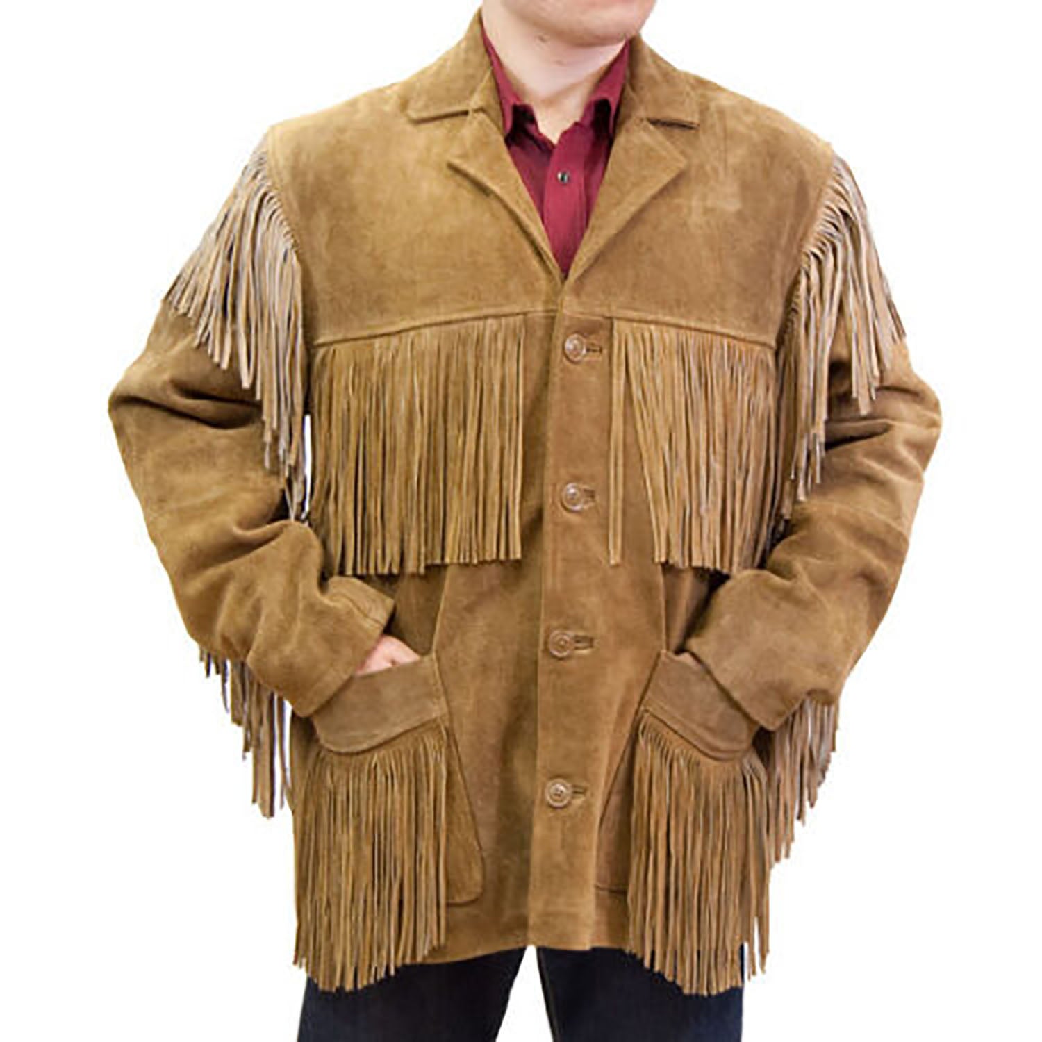 Front view of the brown suede leather fringe jacket for men