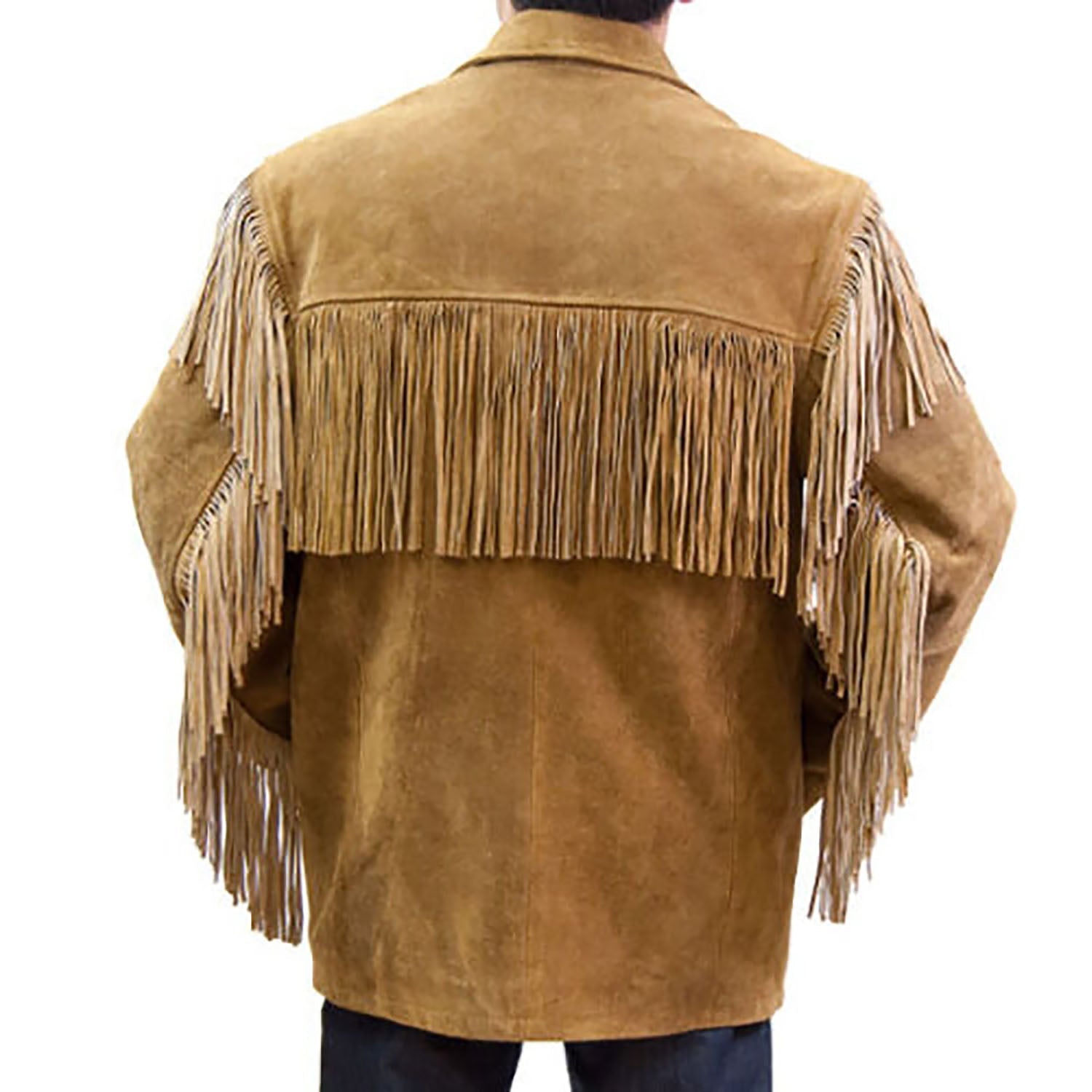 Back view of the brown suede leather fringe jacket for men