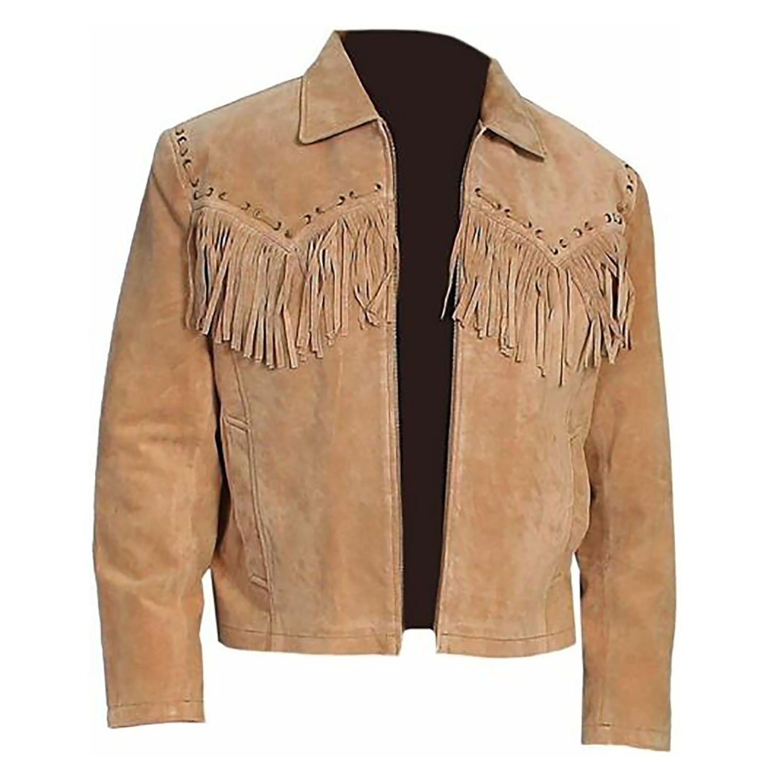 Back view showing the brown suede leather fringe jacket