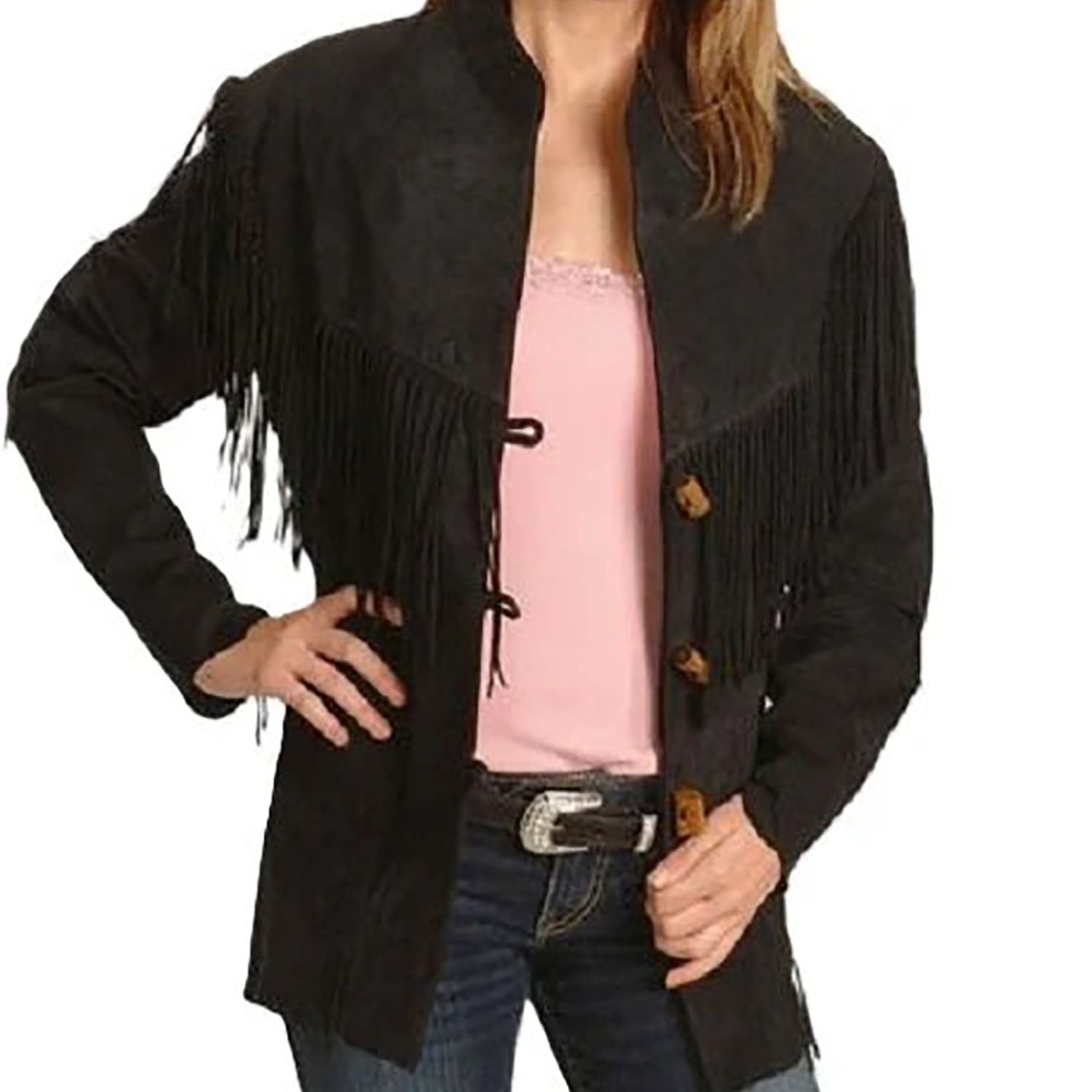 Western Fringe Suede Leather Jacket for Women in All Colors front view