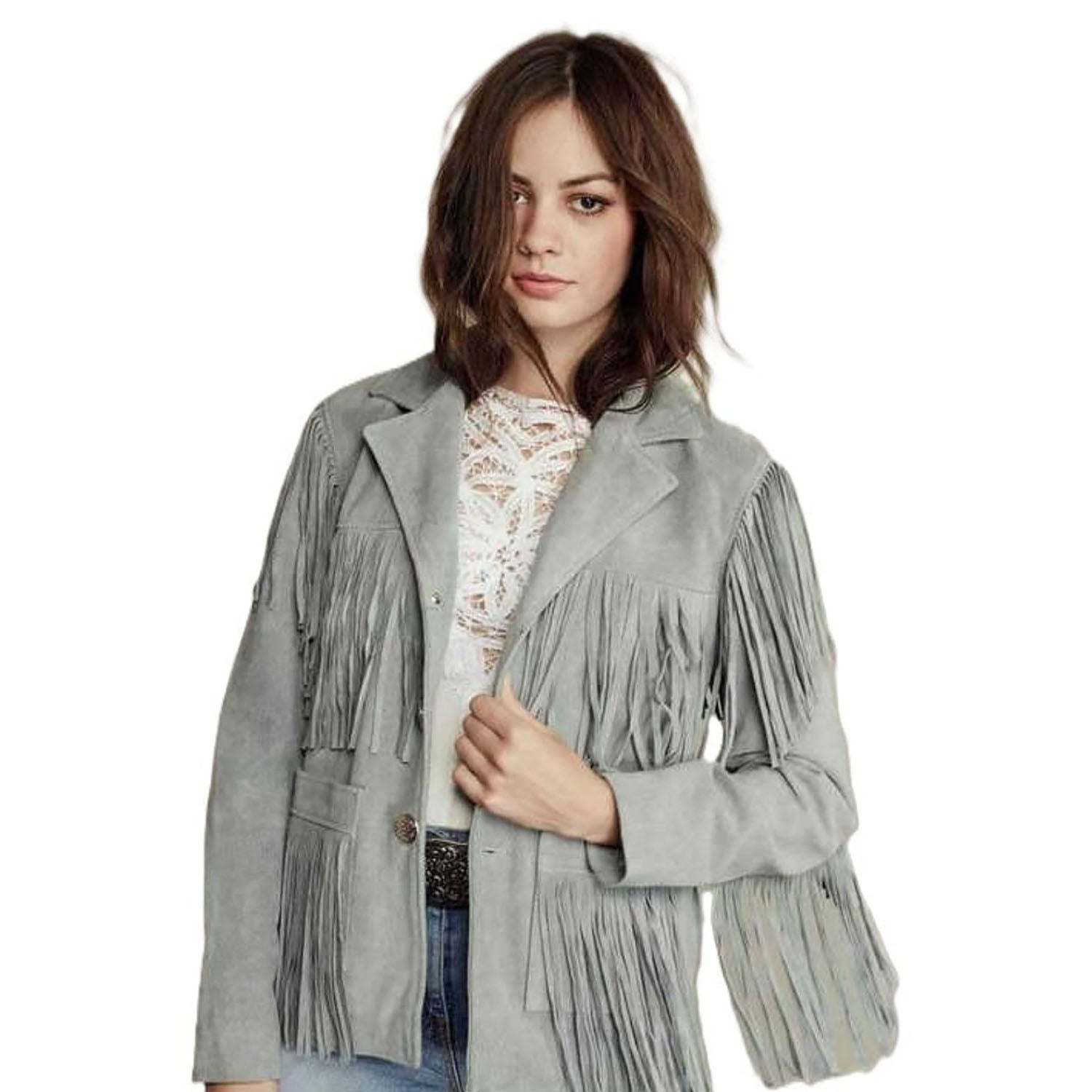 Western Grey Suede Leather Fringes Cowgirl Jacket front view
