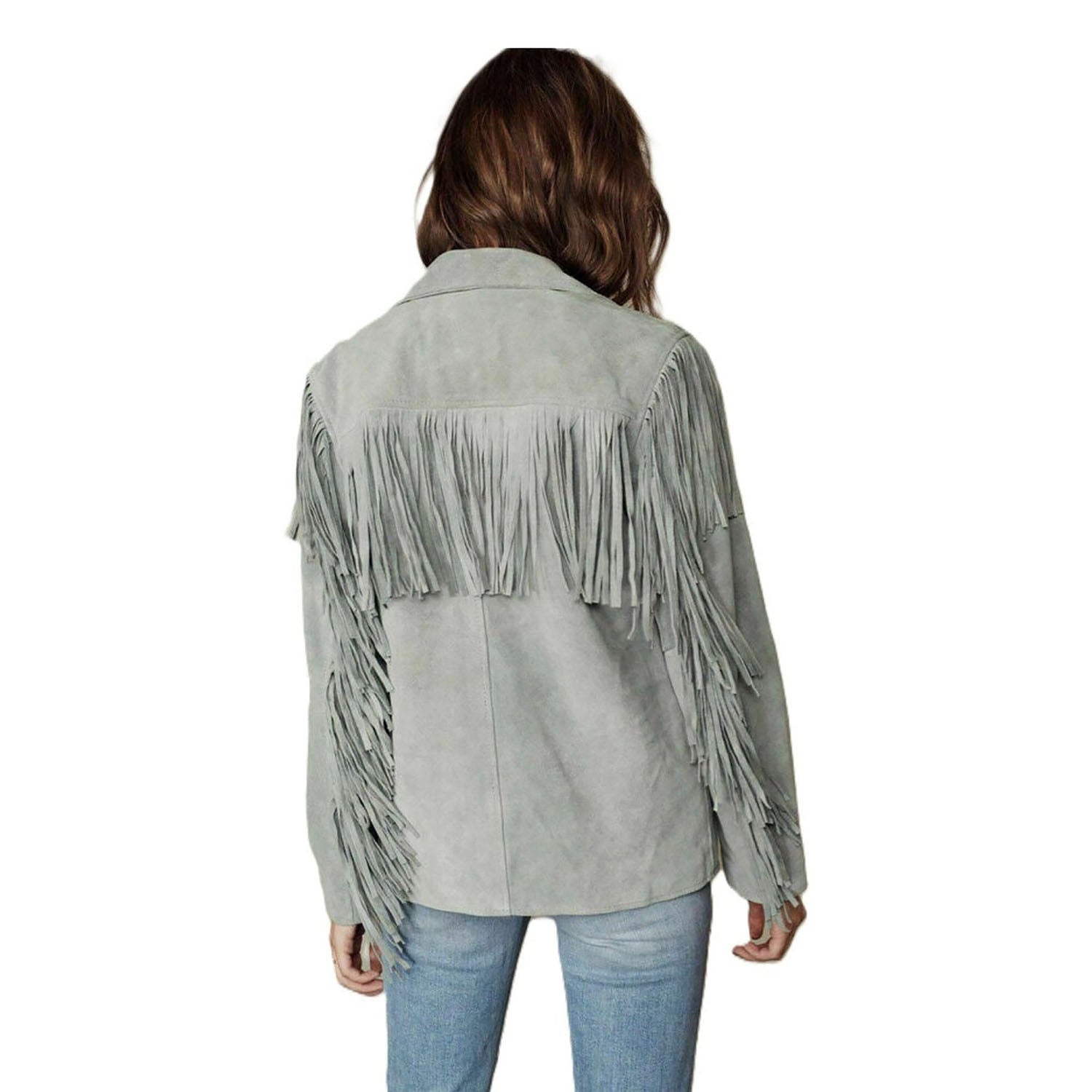 Western Grey Suede Leather Fringes Cowgirl Jacket side view