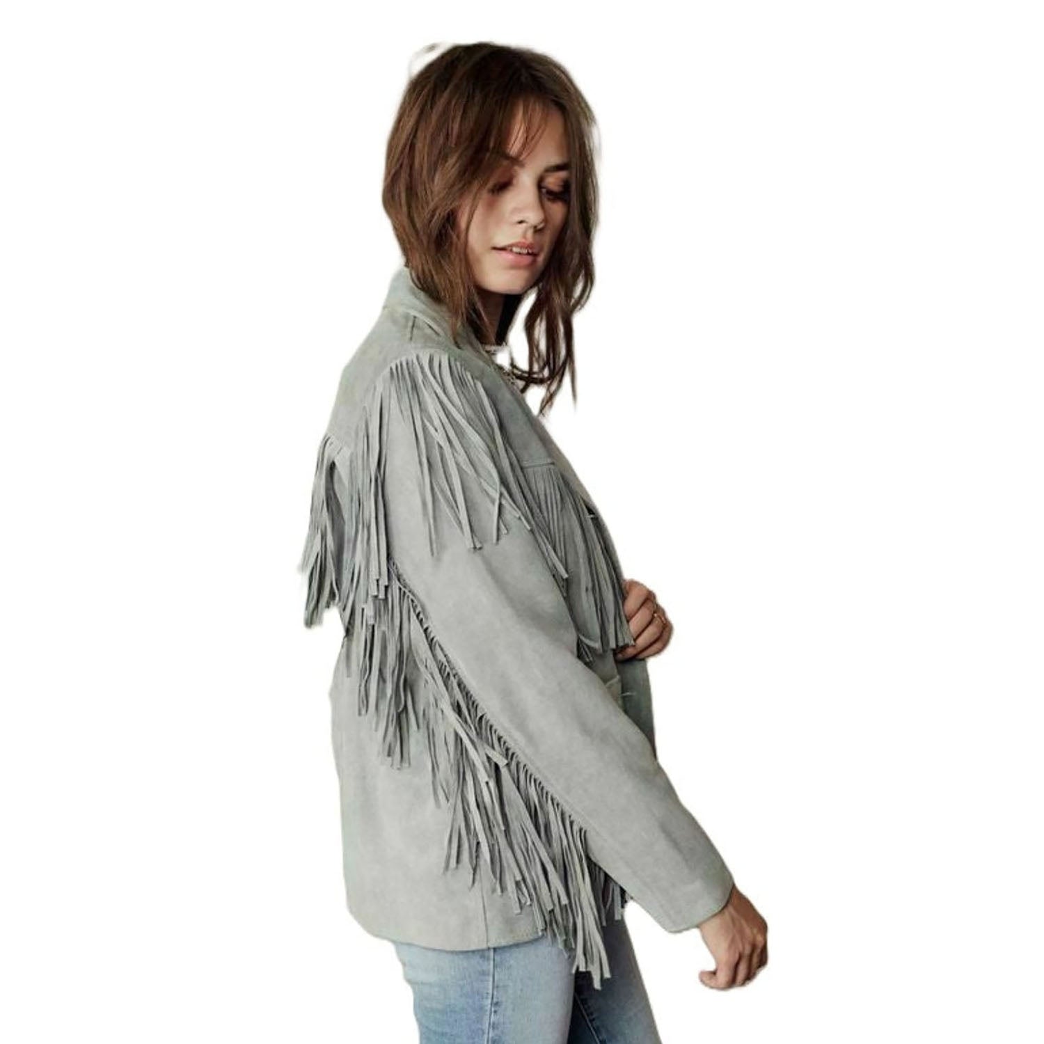 Western Grey Suede Leather Fringes Cowgirl Jacket back view
