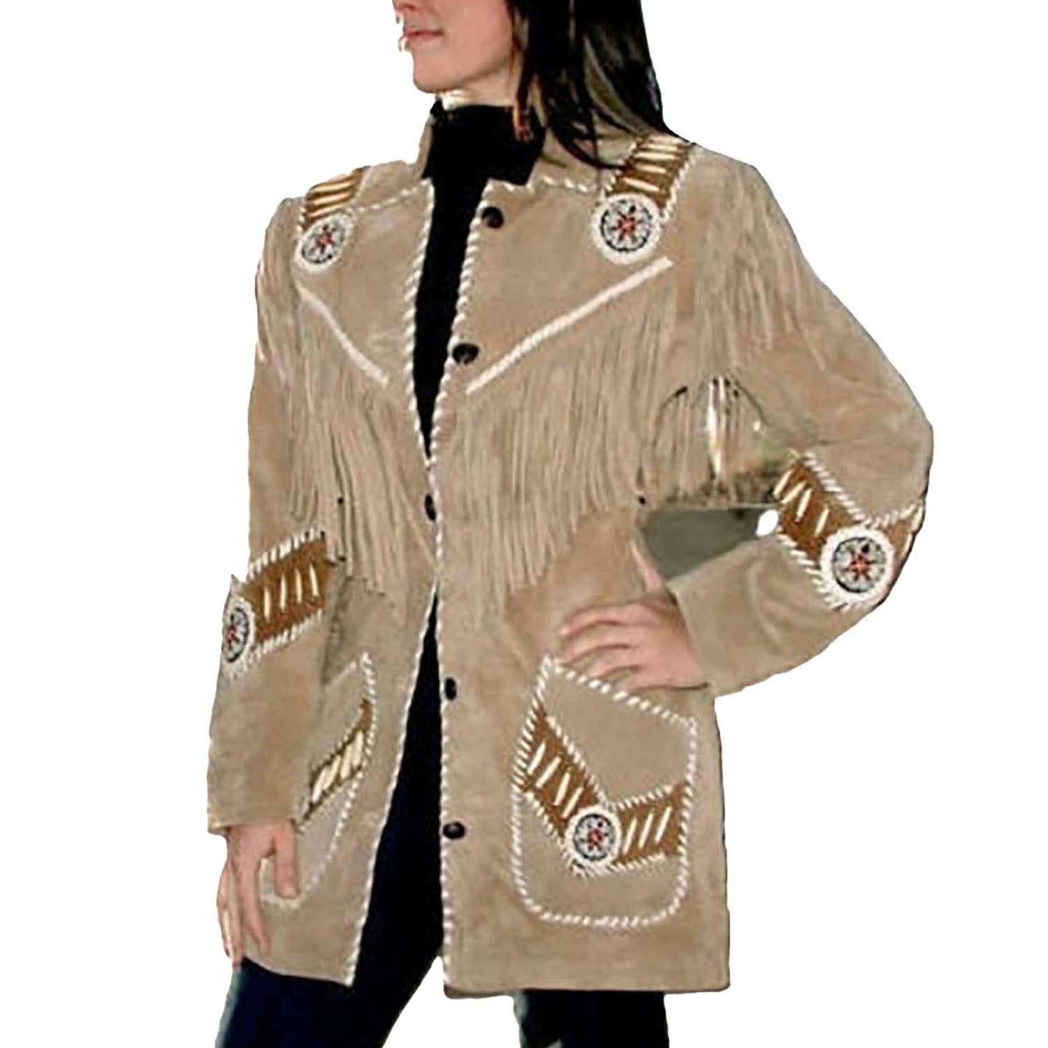 Western Look Beige Suede Leather Fringes Beaded Jacket For Women front view
