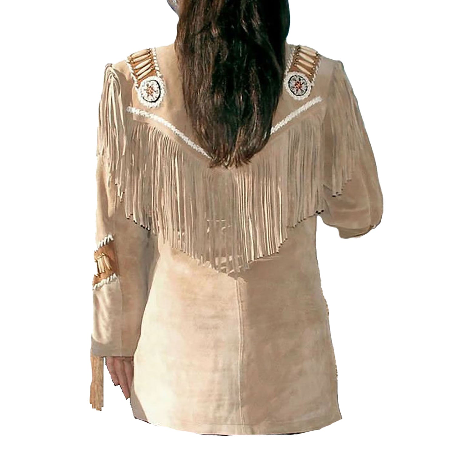 Western Look Beige Suede Leather Fringes Beaded Jacket For Women side view