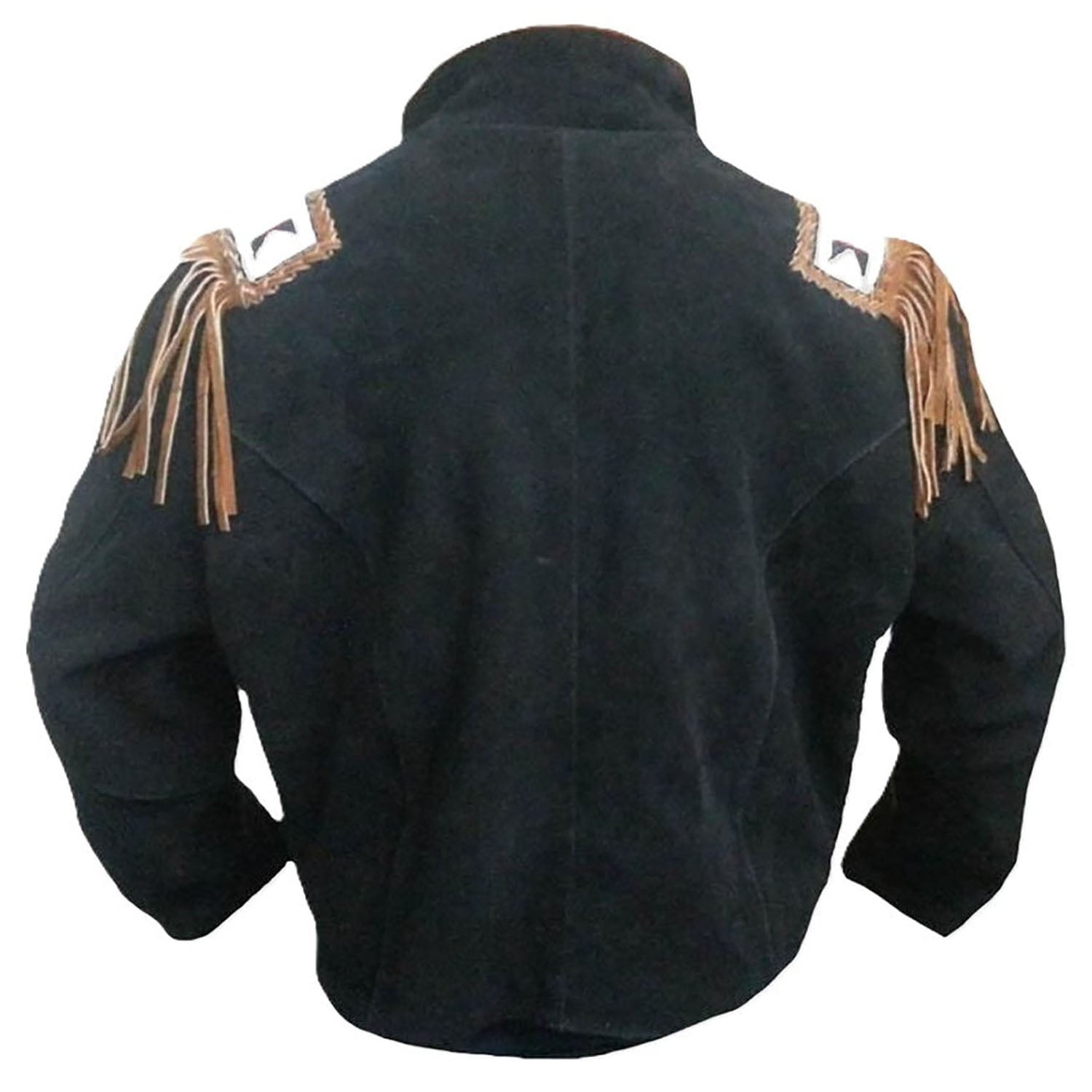 Back view of the black suede leather fringe jacket for men