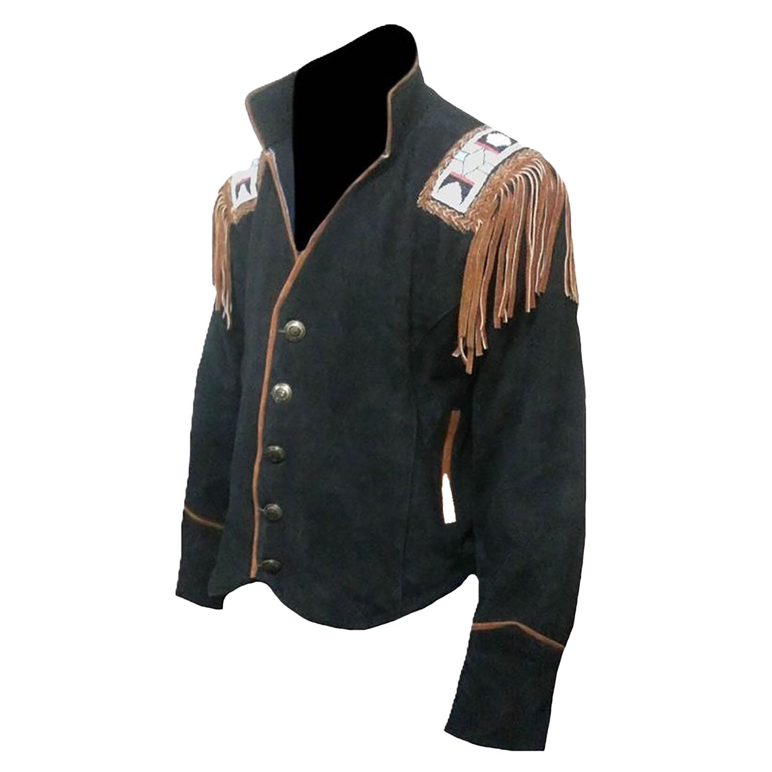 Side View of the black suede leather fringe jacket for men