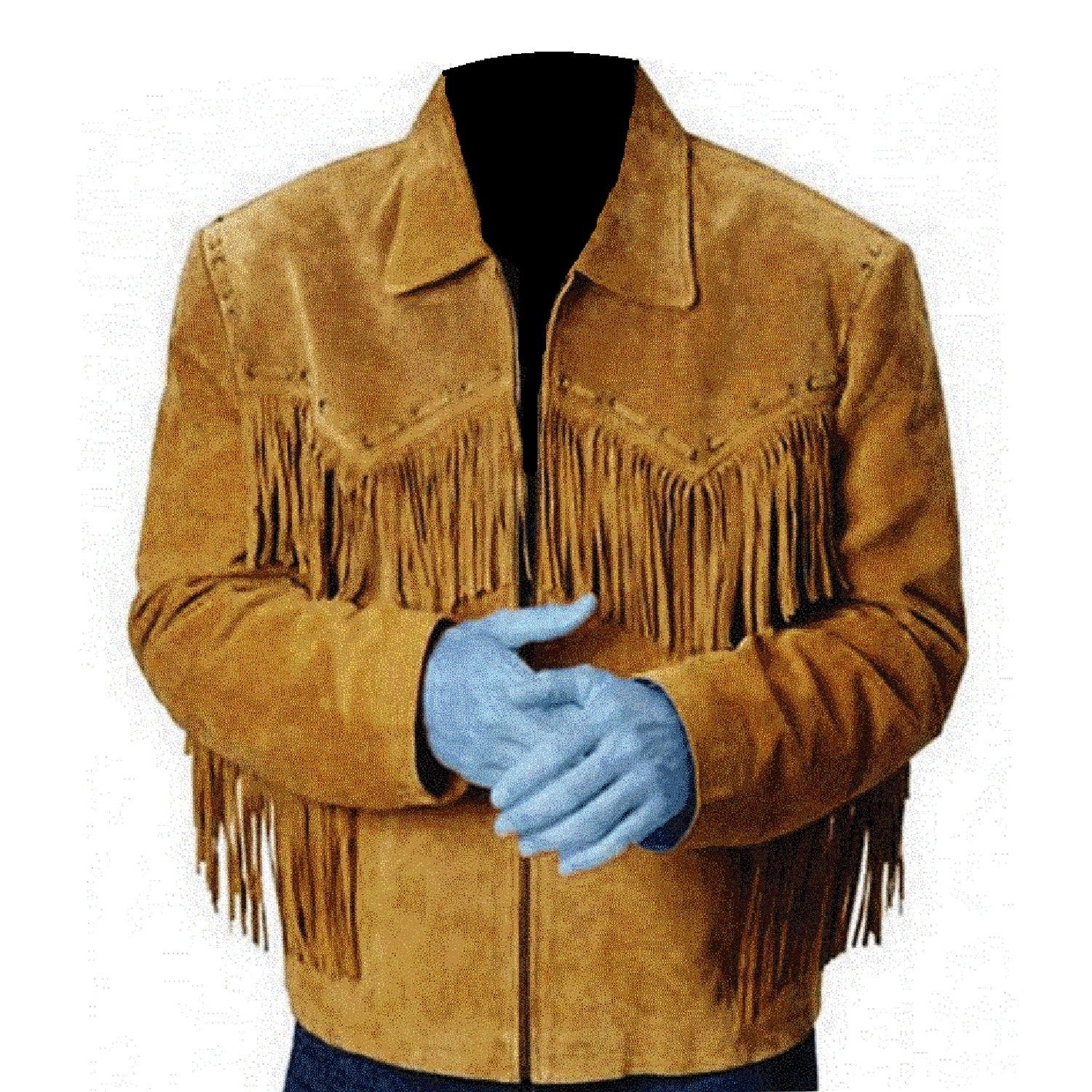 Detail shot of the suede leather fringe jacket with cowboy style for men