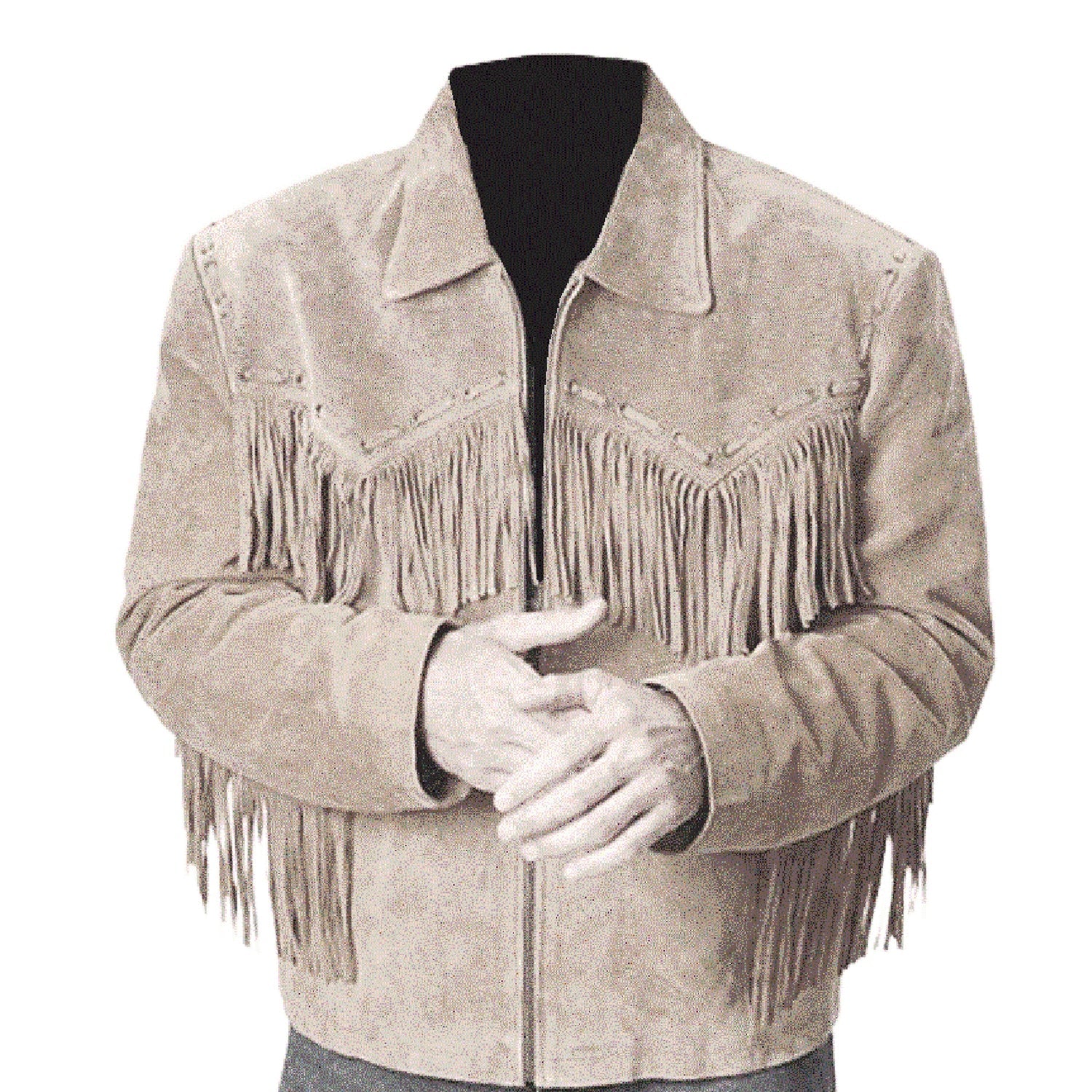 Front view of the suede leather fringe jacket with cowboy style for men