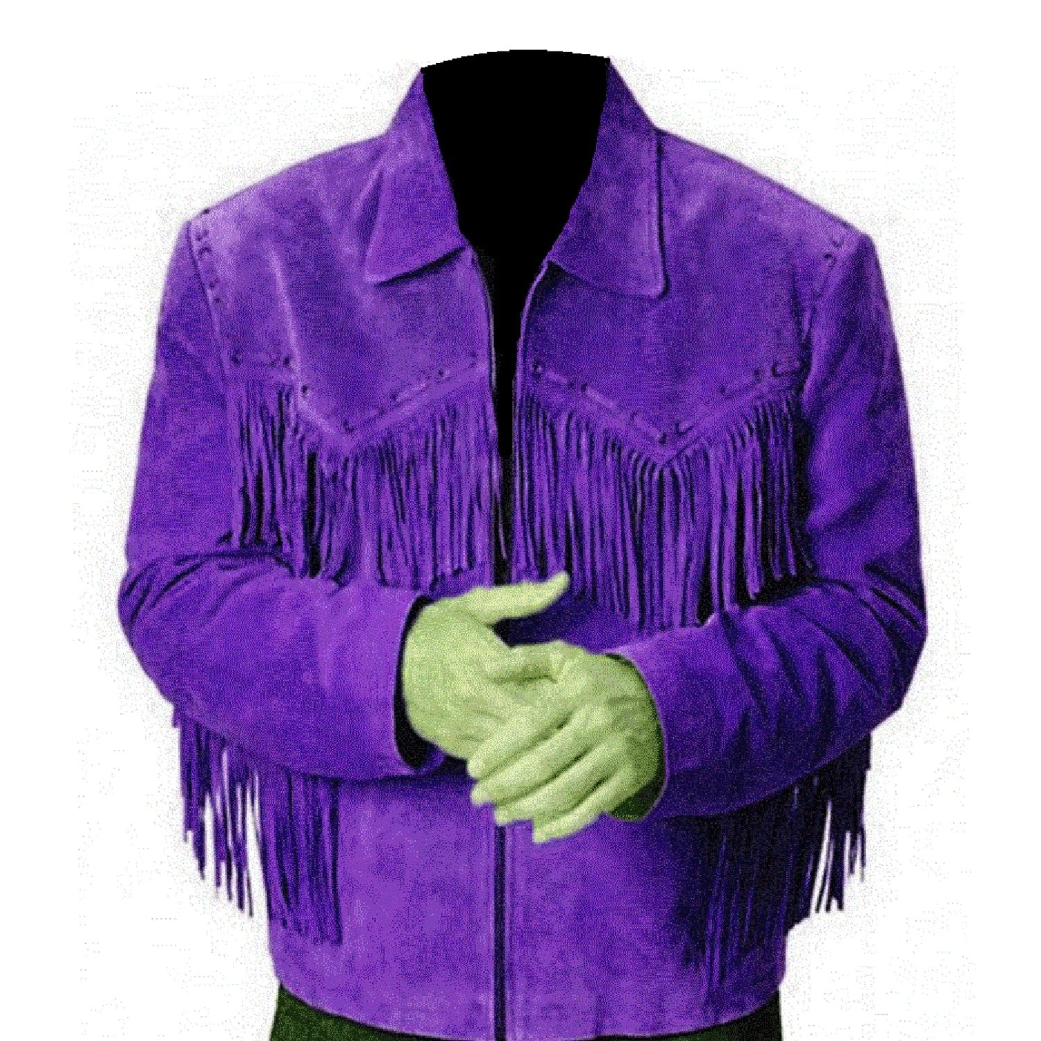 Side profile of the suede leather fringe jacket with cowboy style for men
