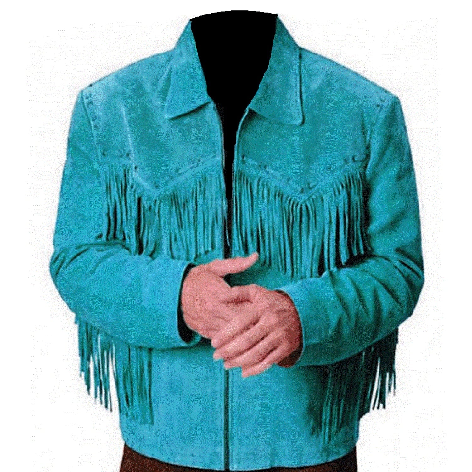 Back view of the suede leather fringe jacket with cowboy style for men