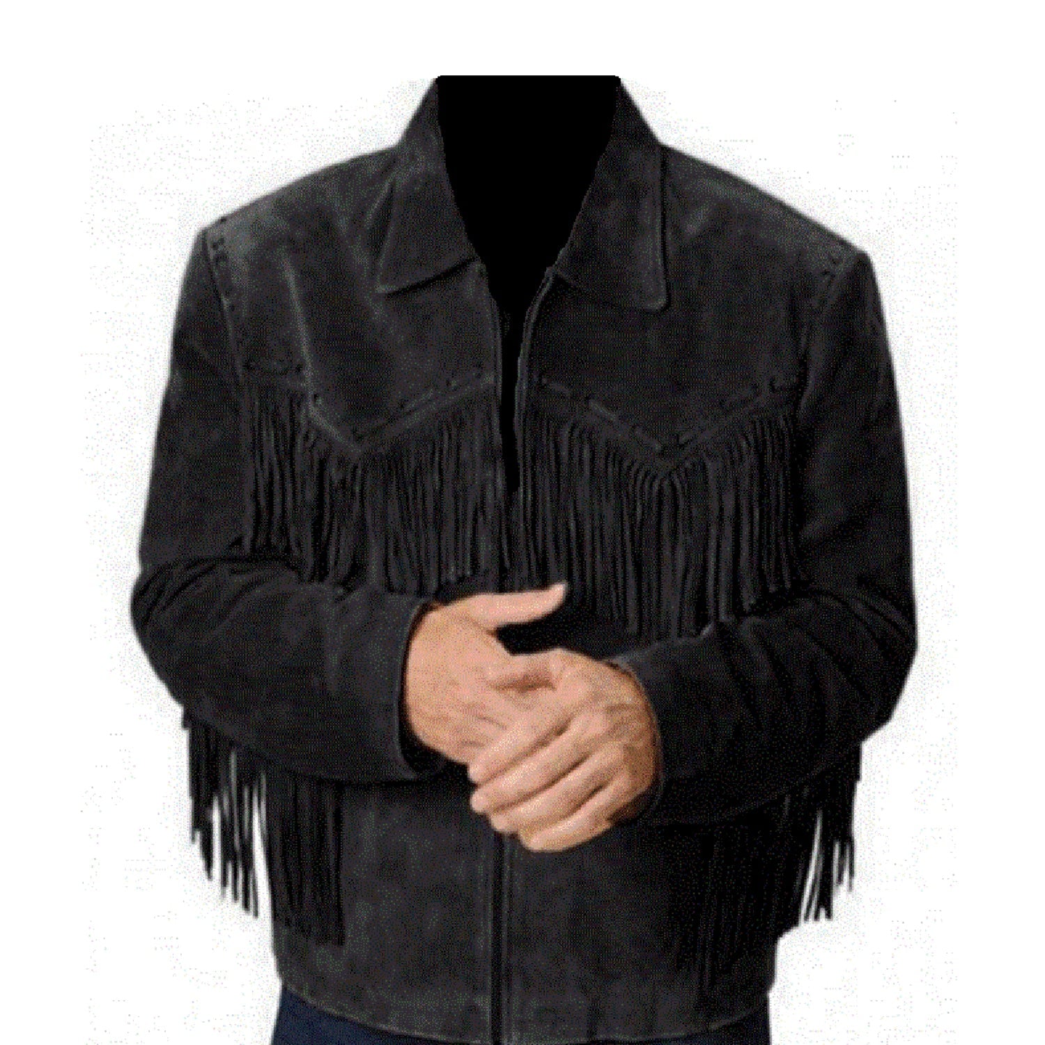 Close-up detail of the suede leather fringe jacket with cowboy style for men