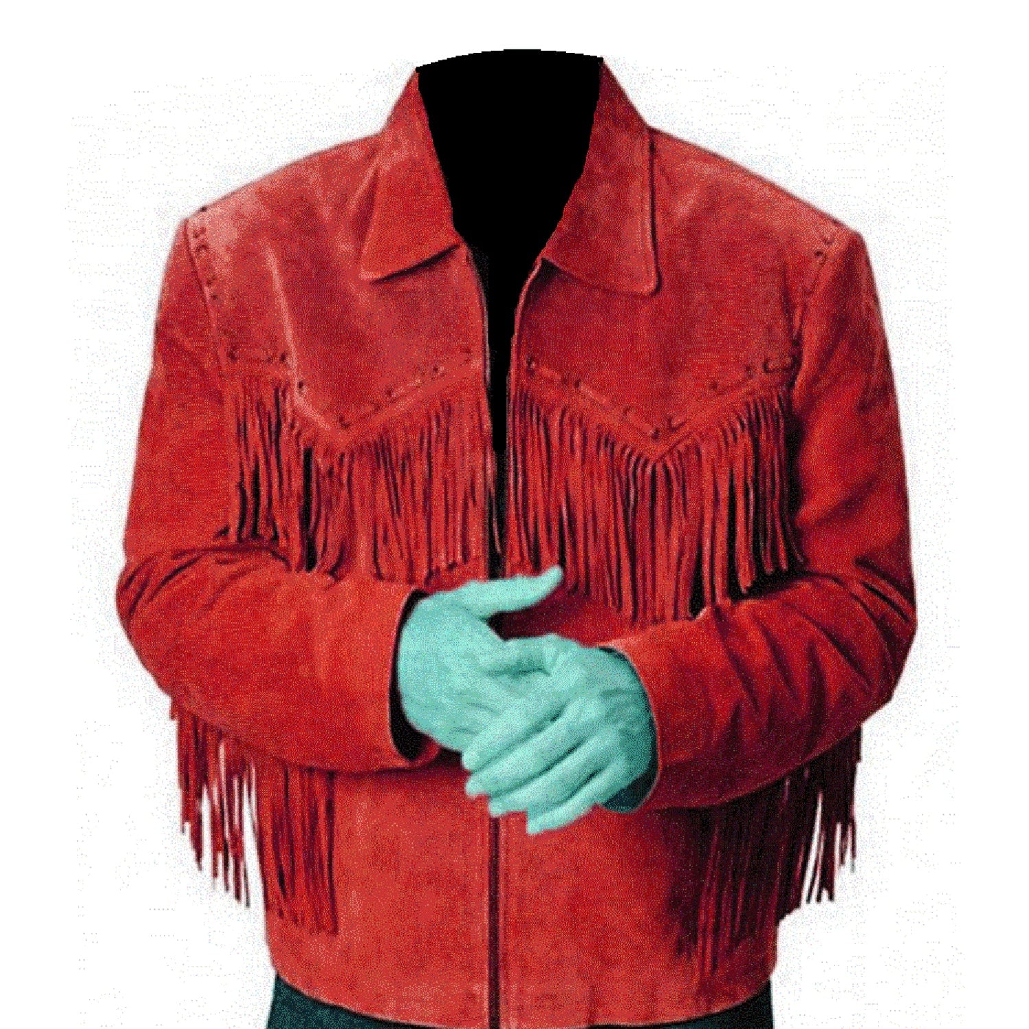 Full display of the suede leather fringe jacket with cowboy style for men
