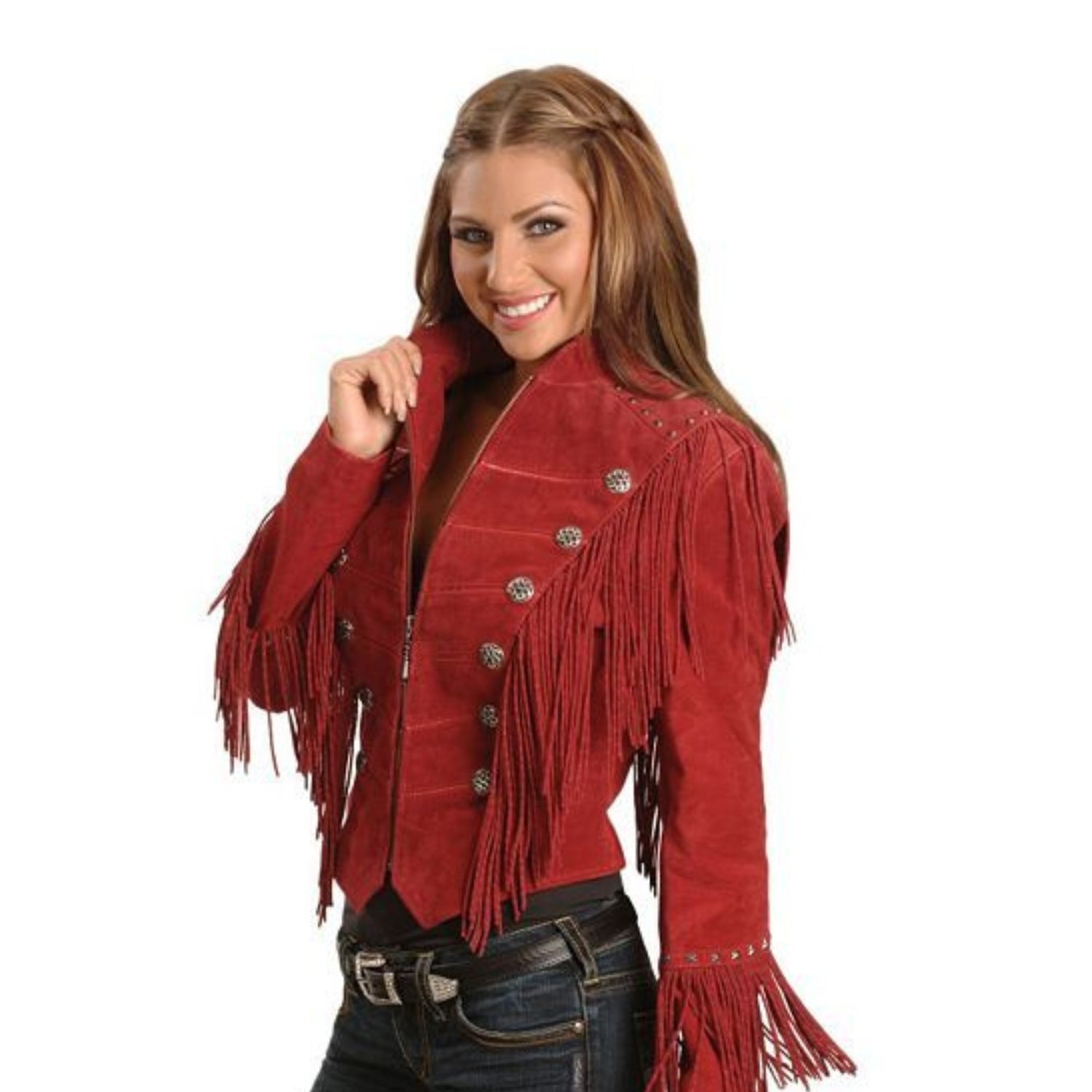 Western Red Suede Fringed Cowgirl Jacket front view