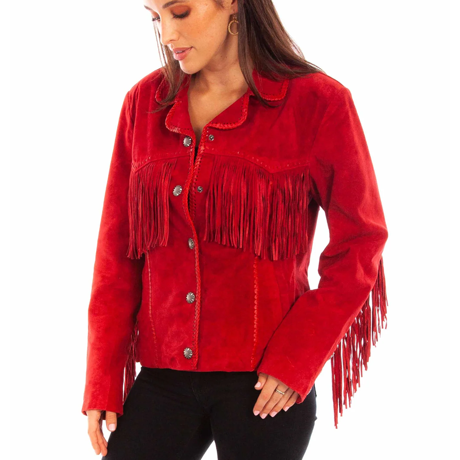 Western Red Suede Leather Fringes Cowgirl Biker Jacket front view