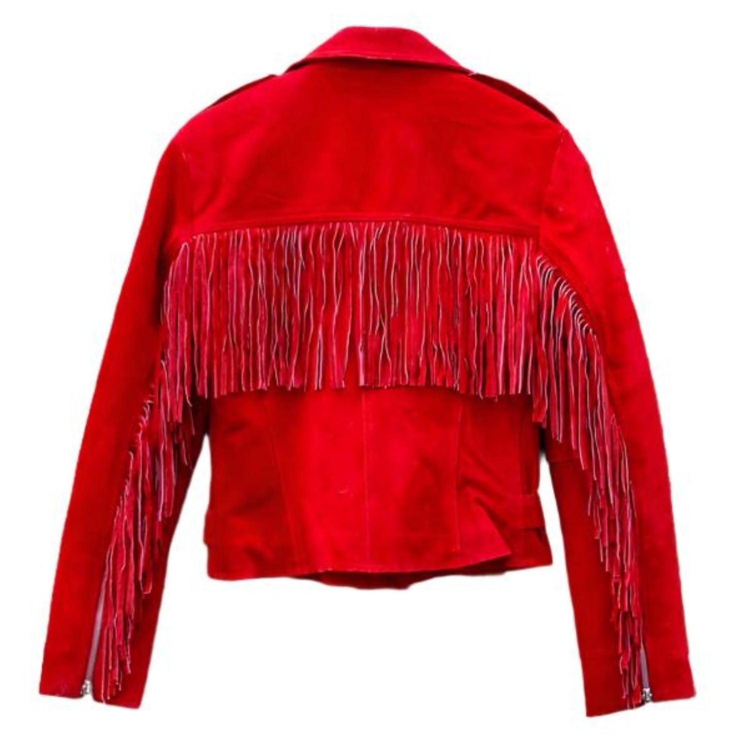 Western Red Suede Leather Fringes Cowgirl Biker Jacket side view