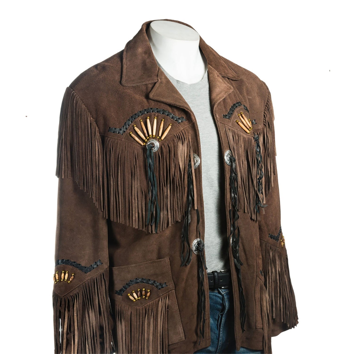 The suede leather fringe jacket with bone-work trim, pictured in close-up