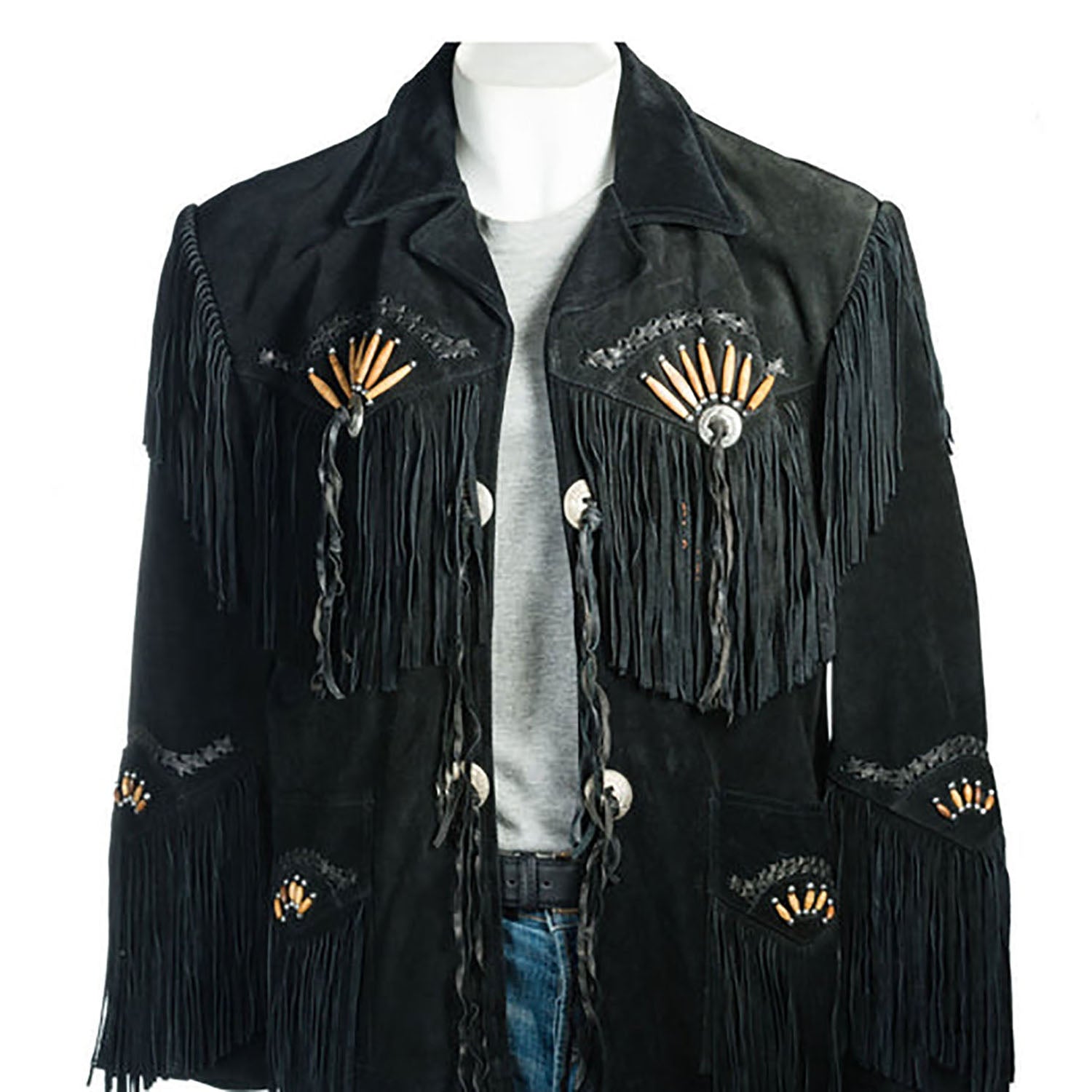 The suede leather fringe jacket with bone-work trim, pictured in full display