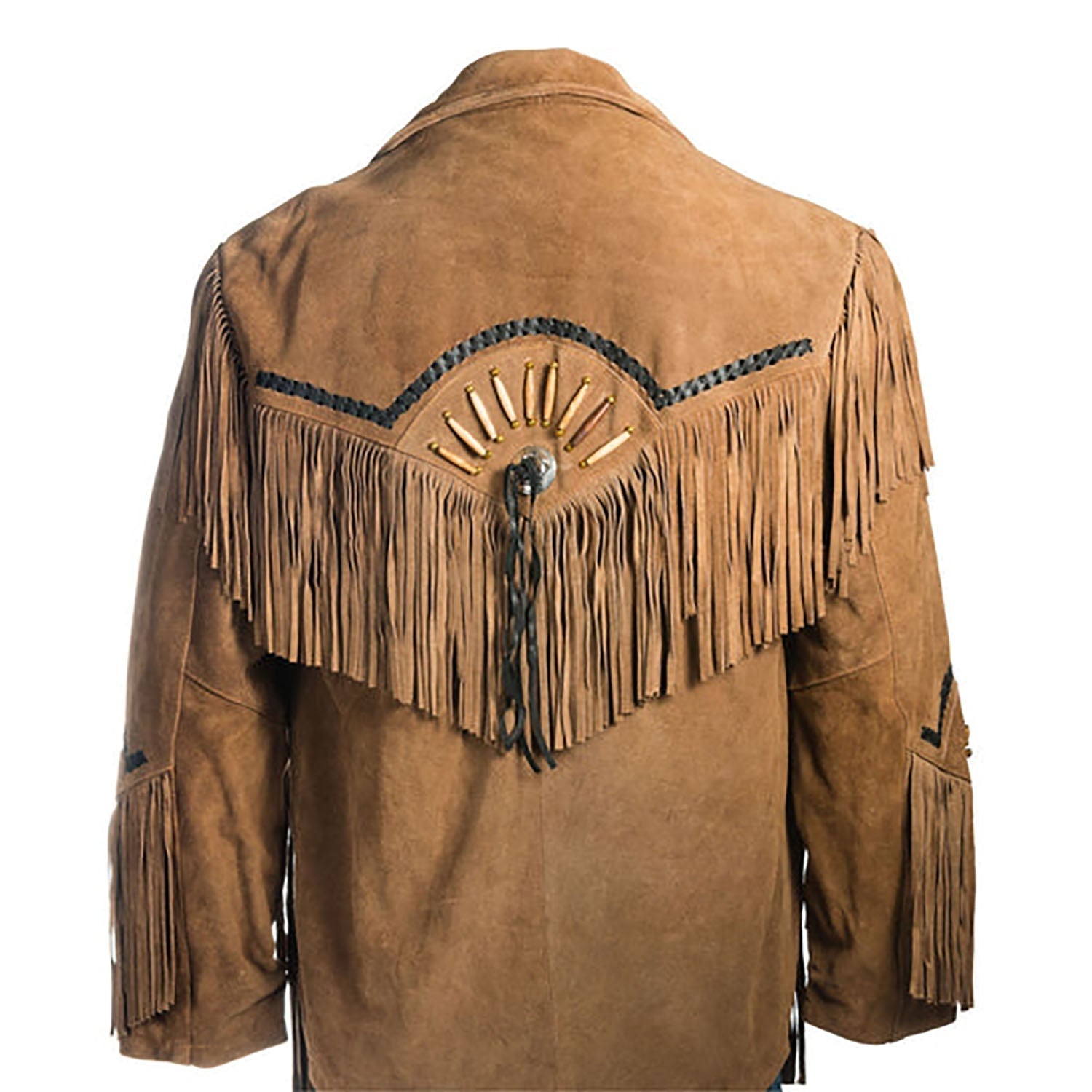 The suede leather fringe jacket with bone-work trim, pictured worn and styled