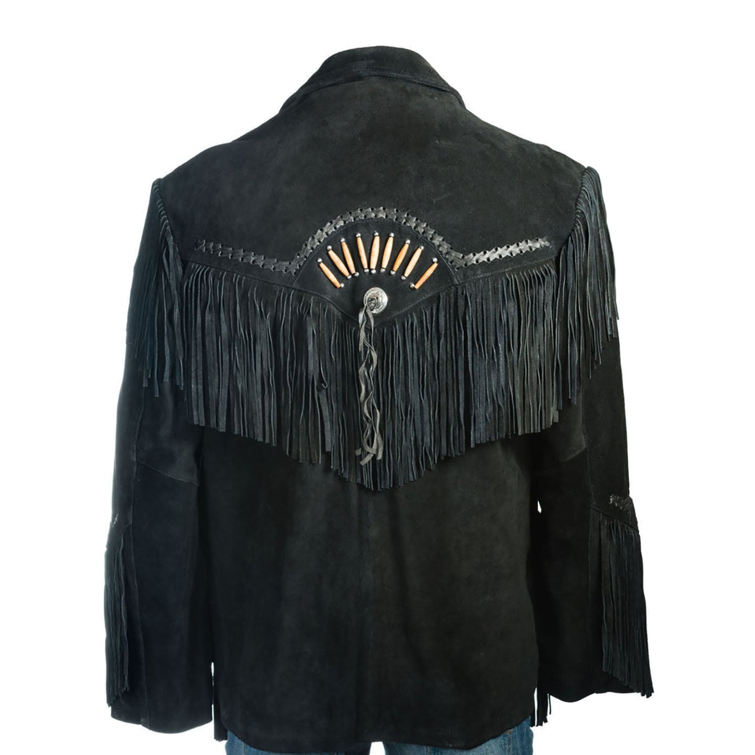 The suede leather fringe jacket with bone-work trim, pictured in detail