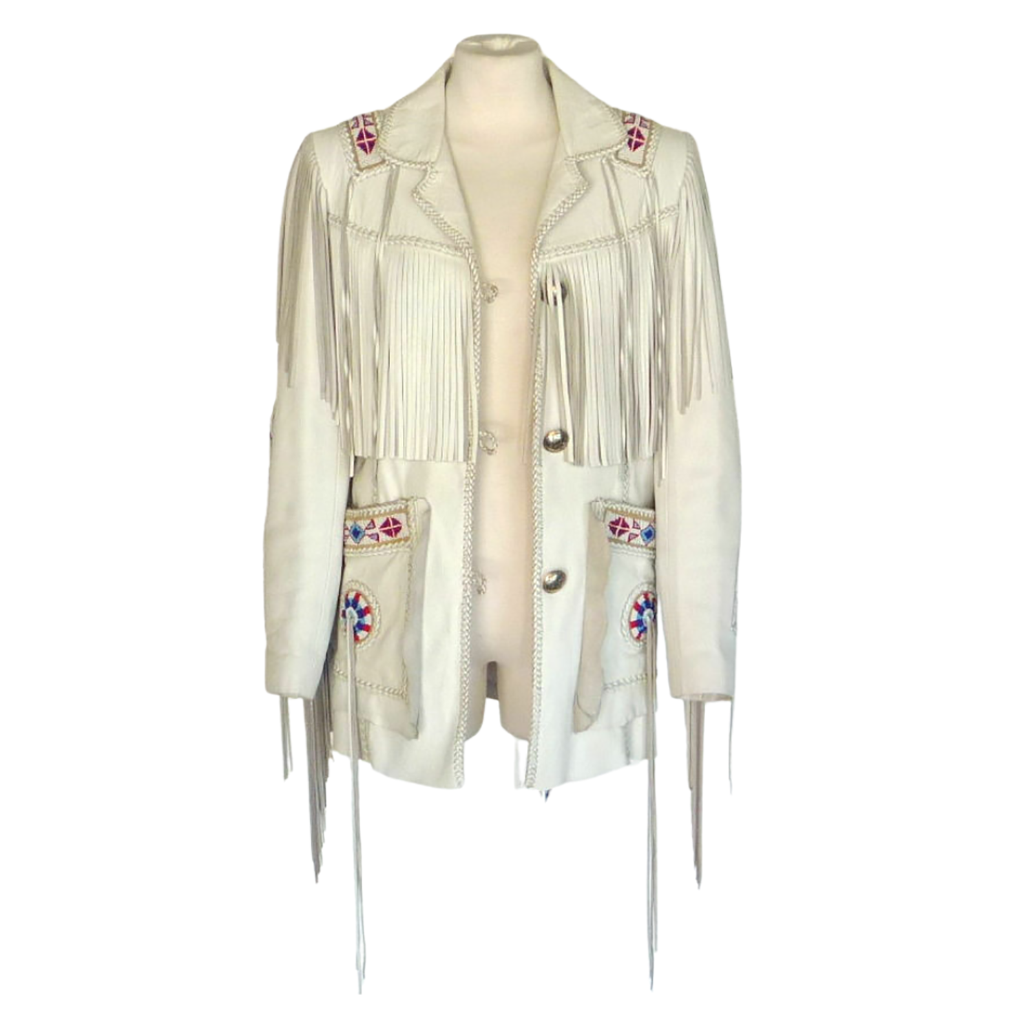 White Leather Long Fringes Beaded Jacket For Women front view