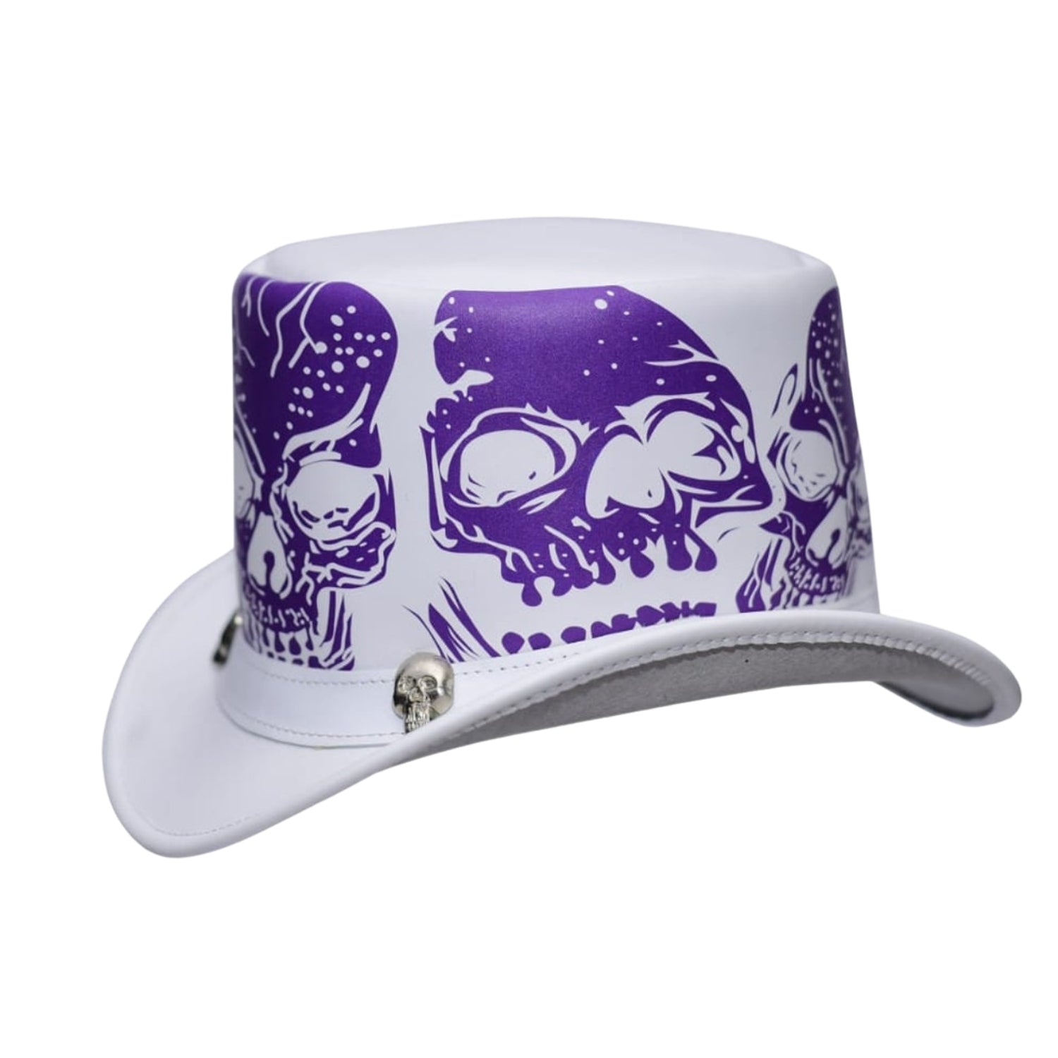 White cowboy hat with purple skull designs on a white background